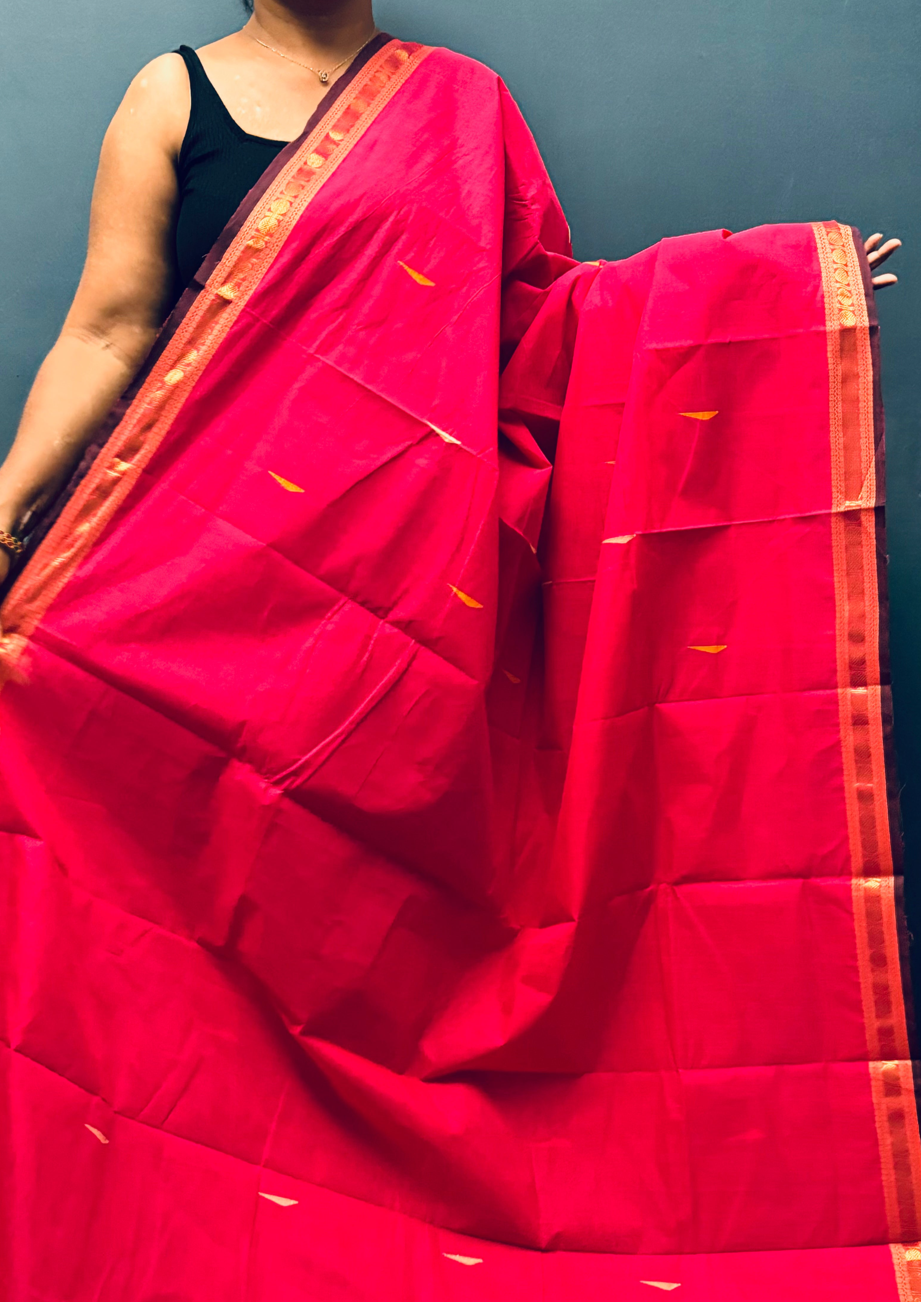 Tomato Pink Small Border Chettinadu Cotton Saree