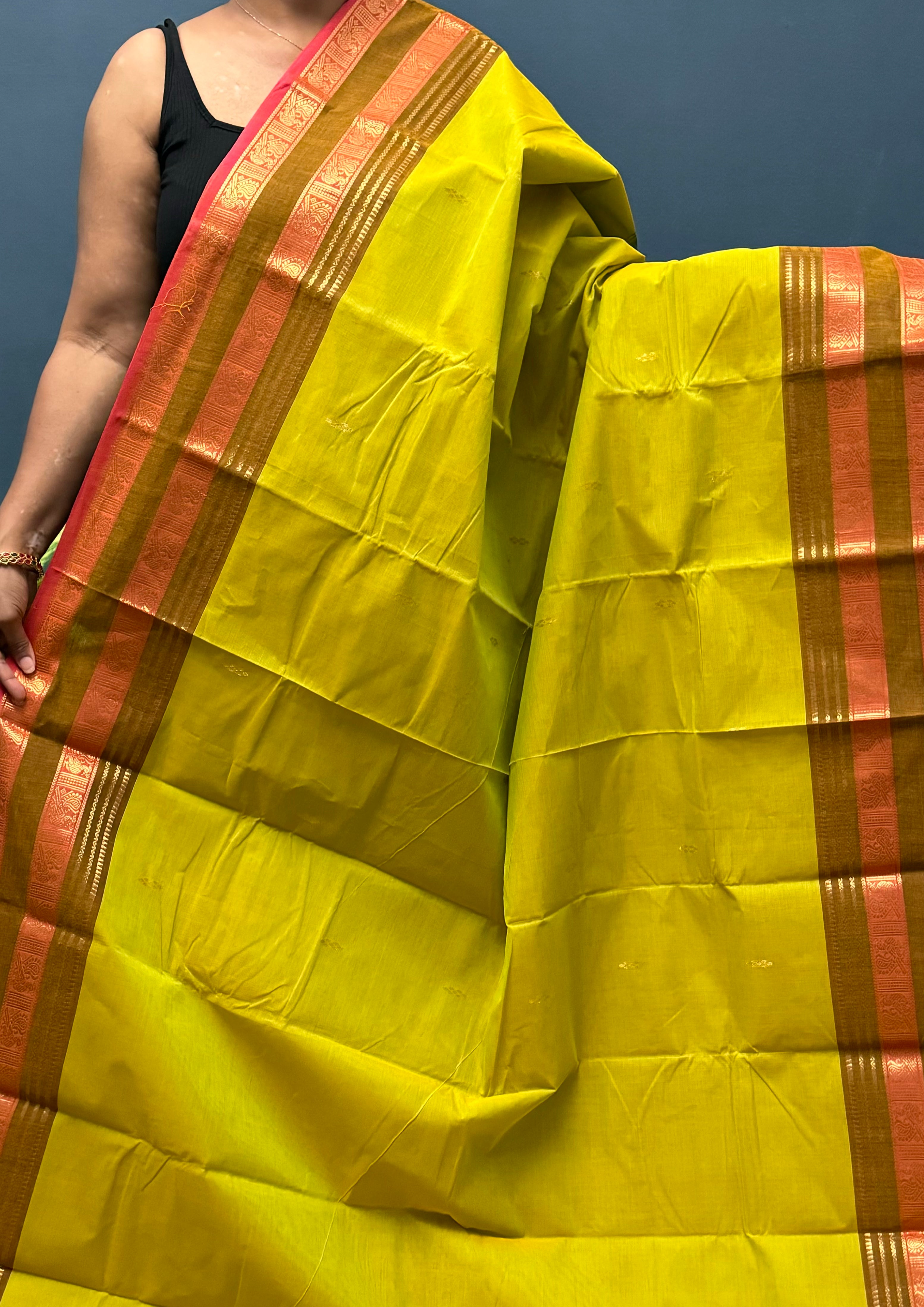 Lime Yellow Retta Petta Border Chettinadu Cotton Saree