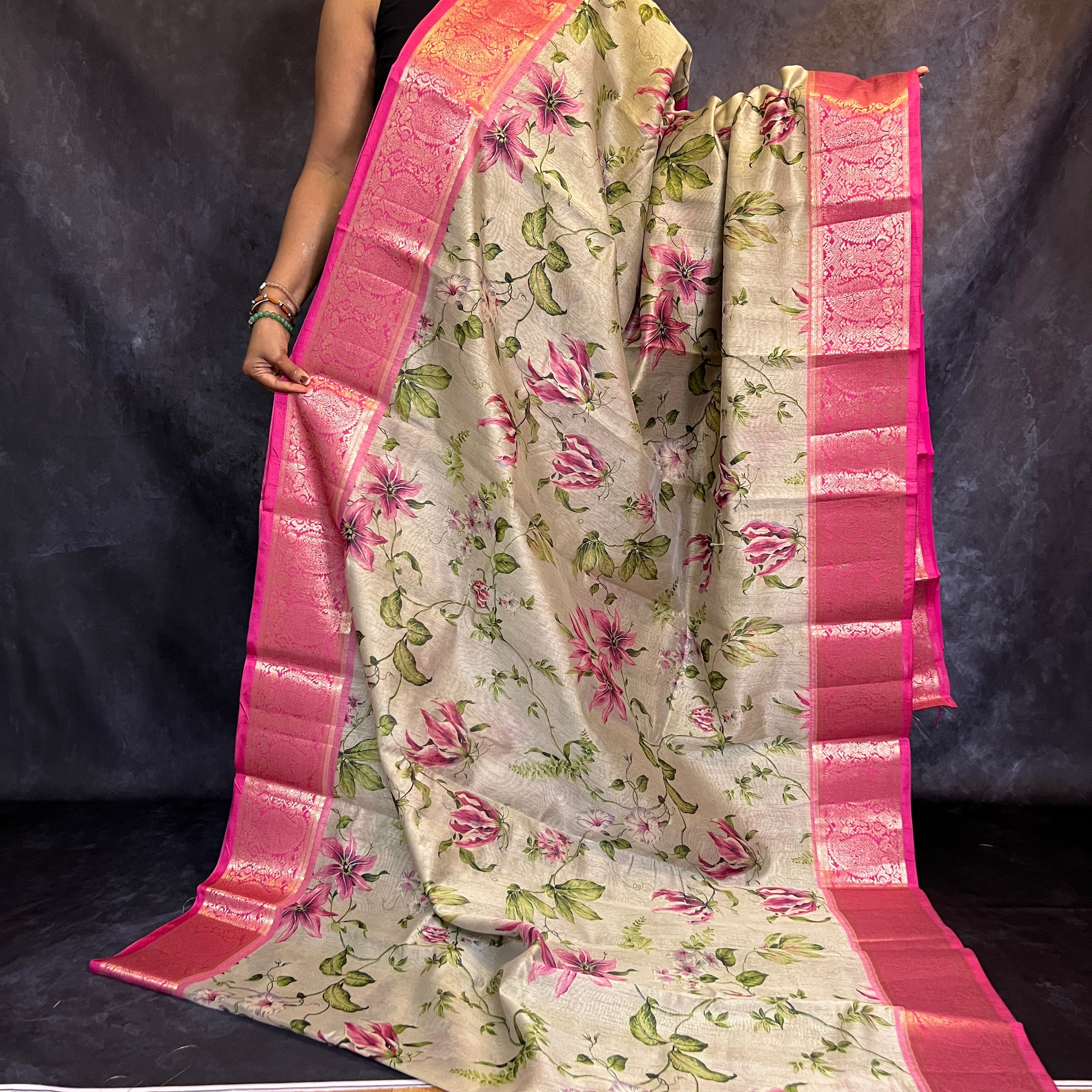 Pastel Cream Printed Kalamkari Silk Saree