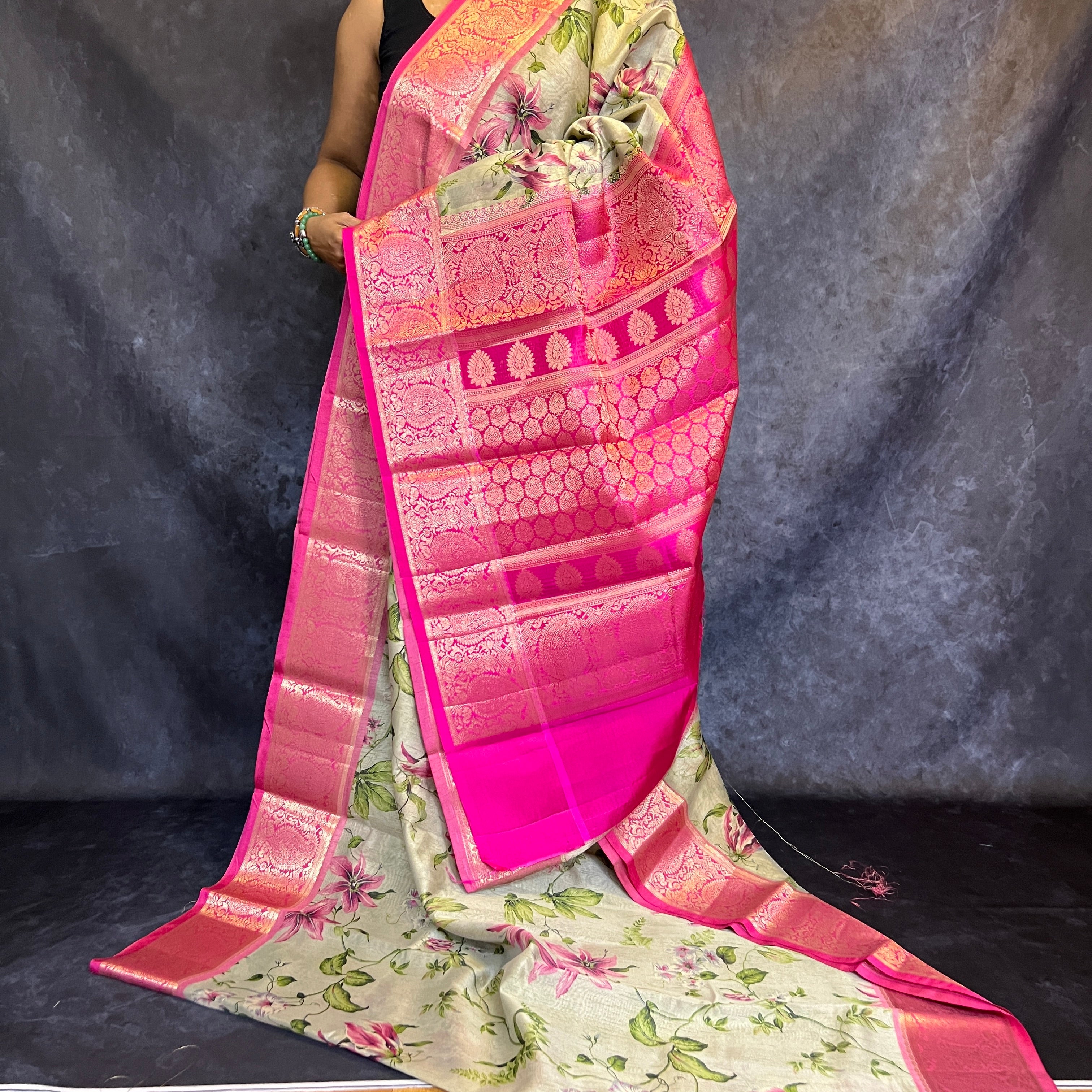 Pastel Cream Printed Kalamkari Silk Saree