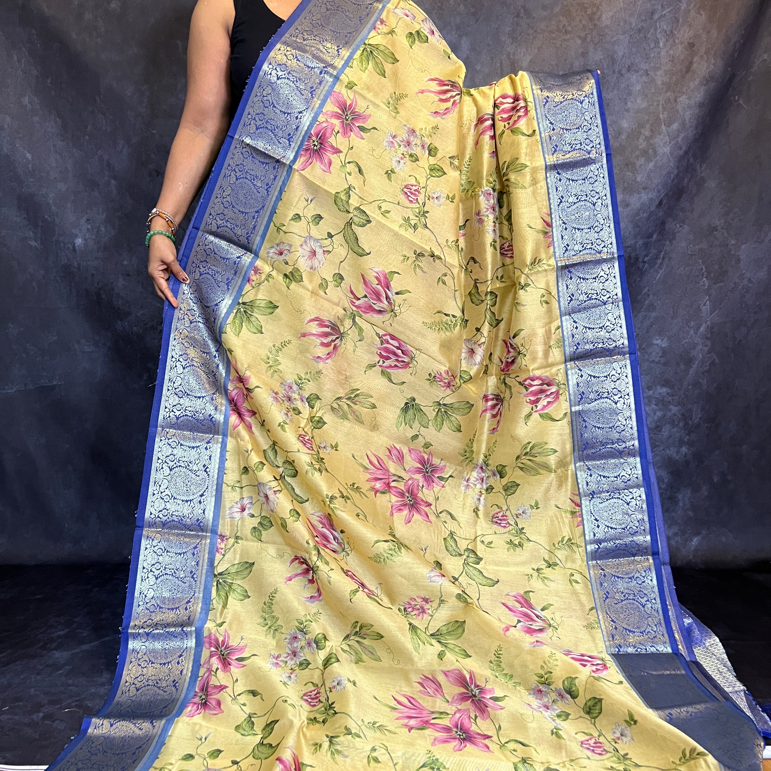 Yellow Printed Kalamkari Silk Saree