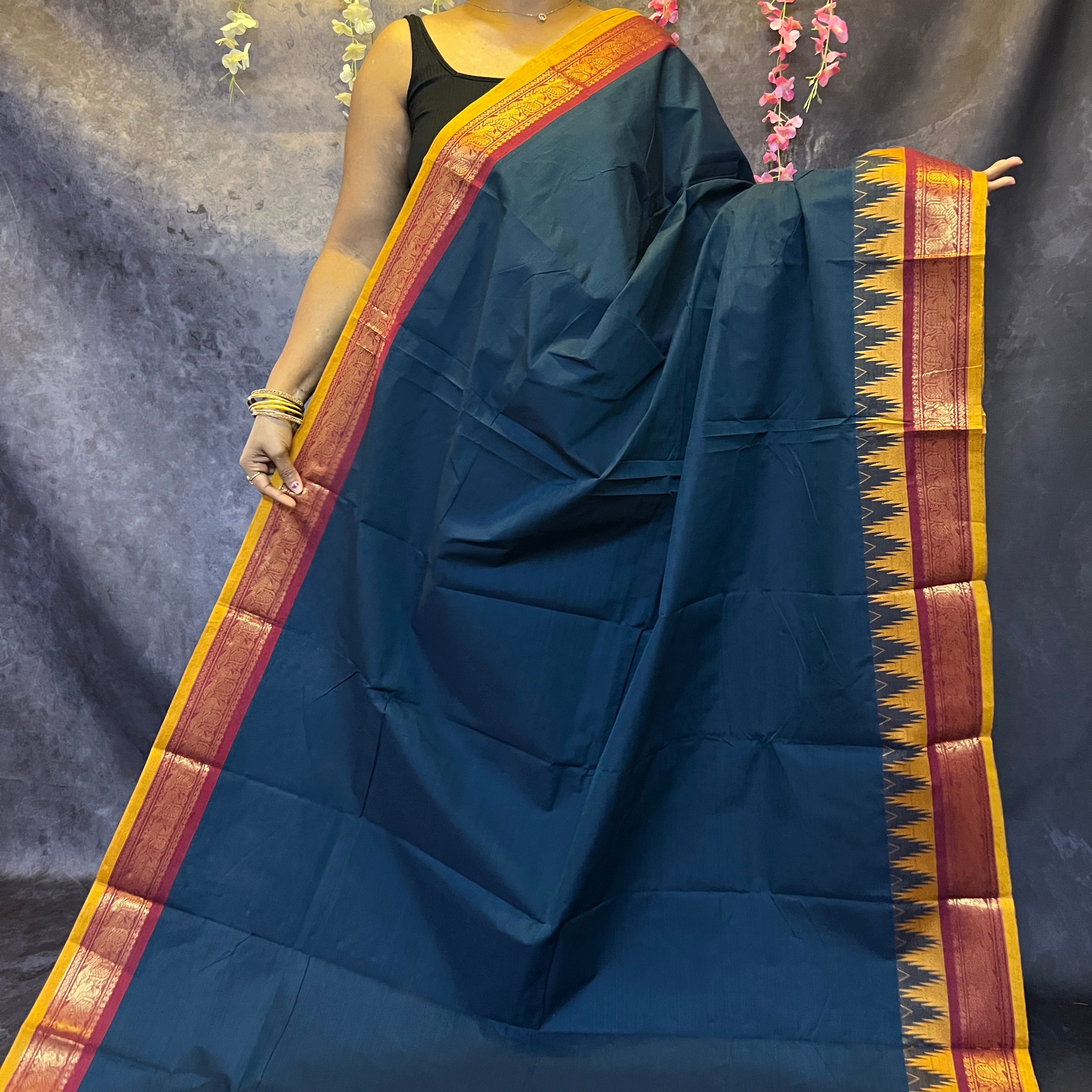 Peacock Blue Thazhamboo Chettinadu Cotton Saree