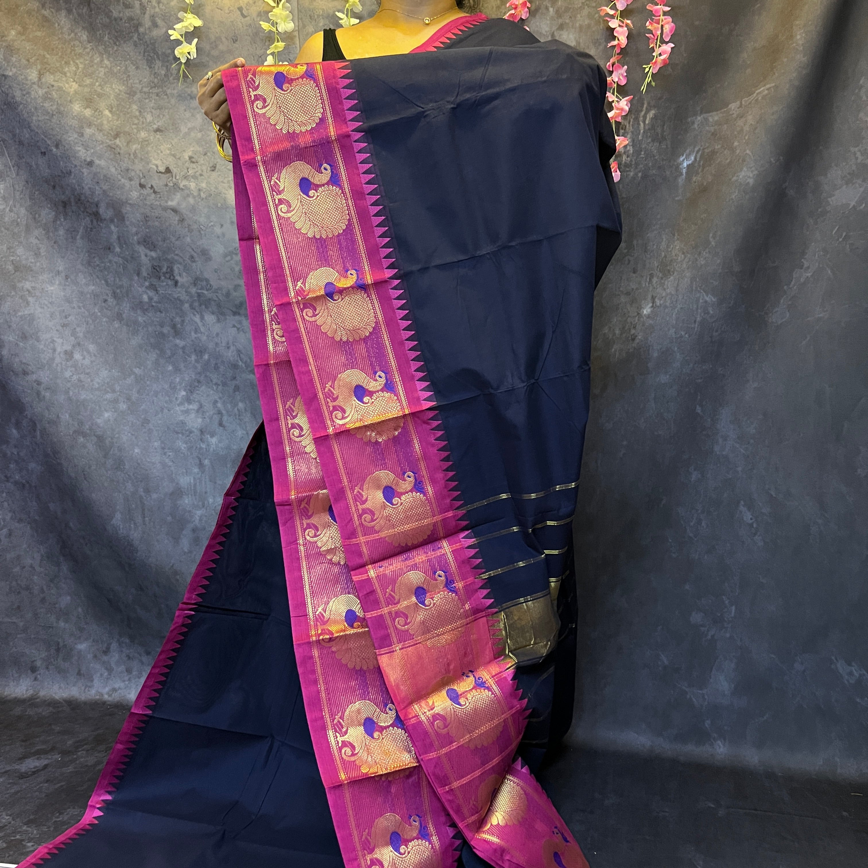 Navy Blue Chettinadu Cotton Saree