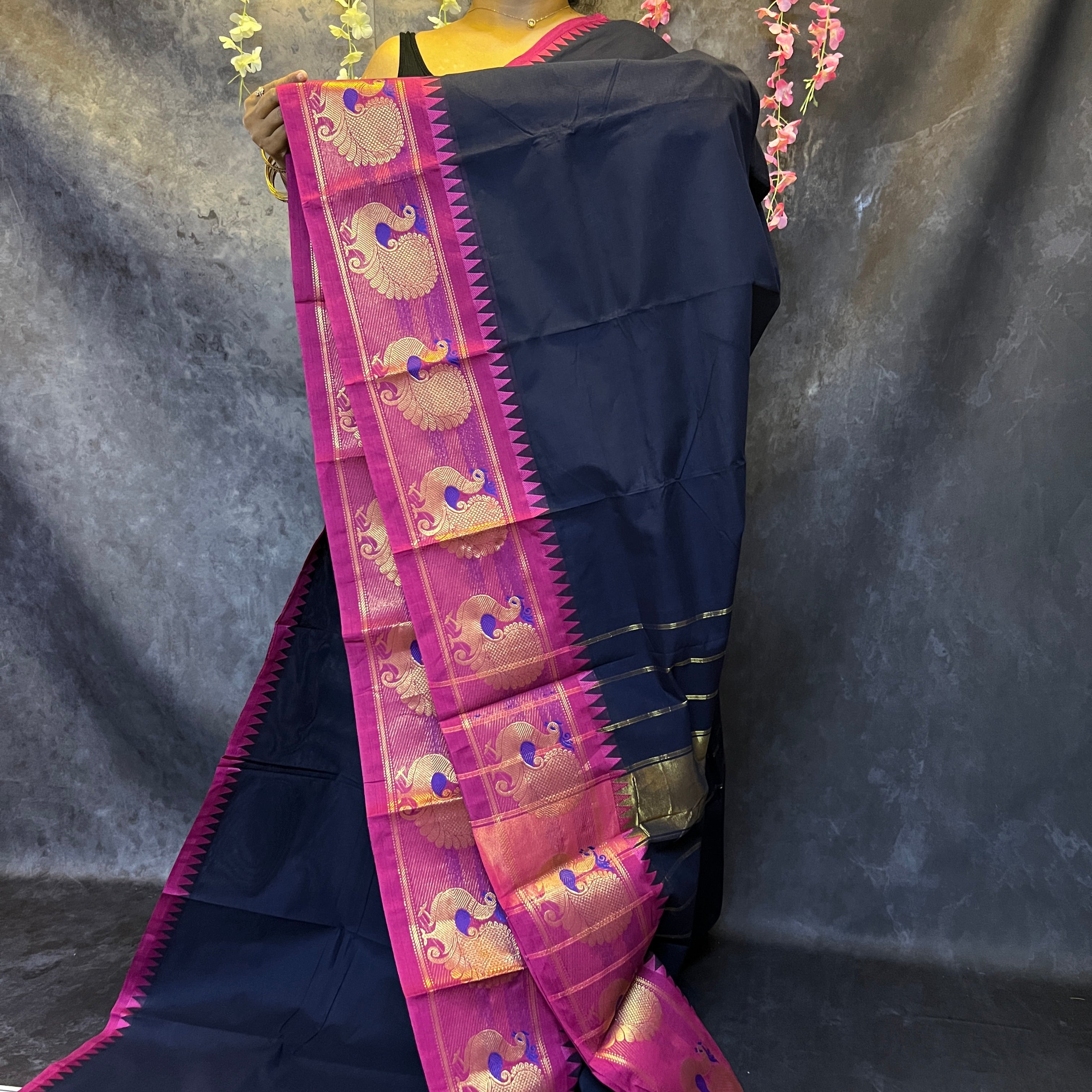 Navy Blue Chettinadu Cotton Saree