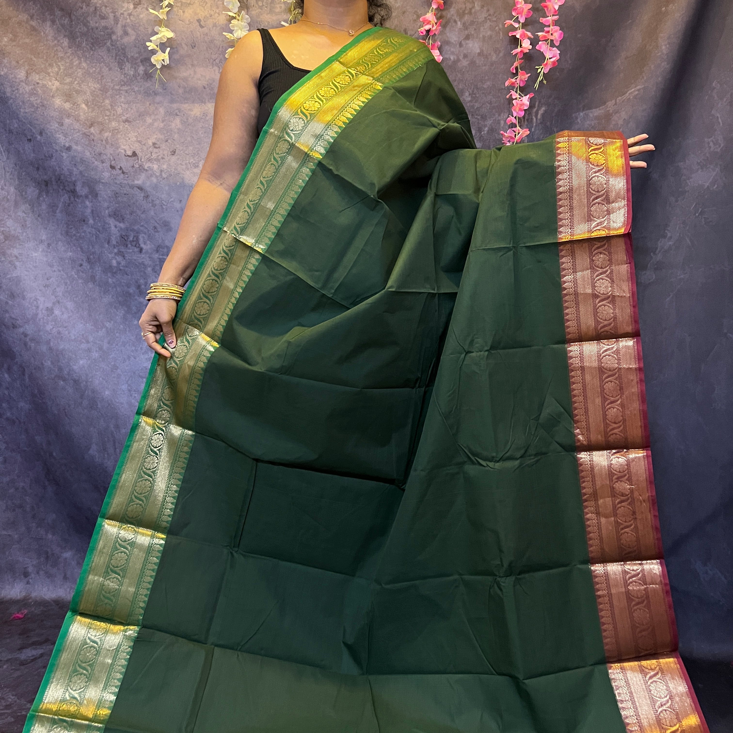 Forest Green Ganga Jamuna Chettinadu Cotton Saree