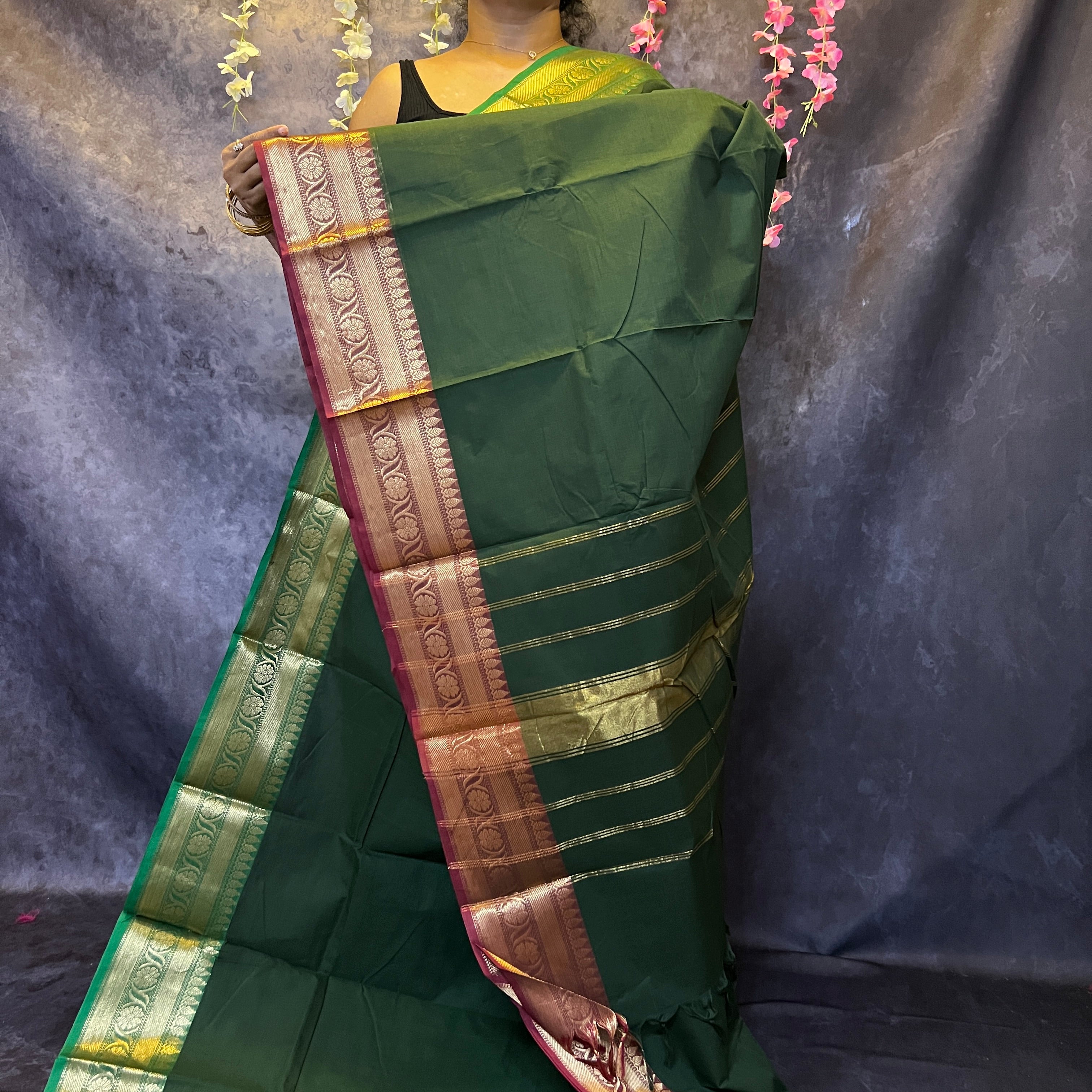 Forest Green Ganga Jamuna Chettinadu Cotton Saree