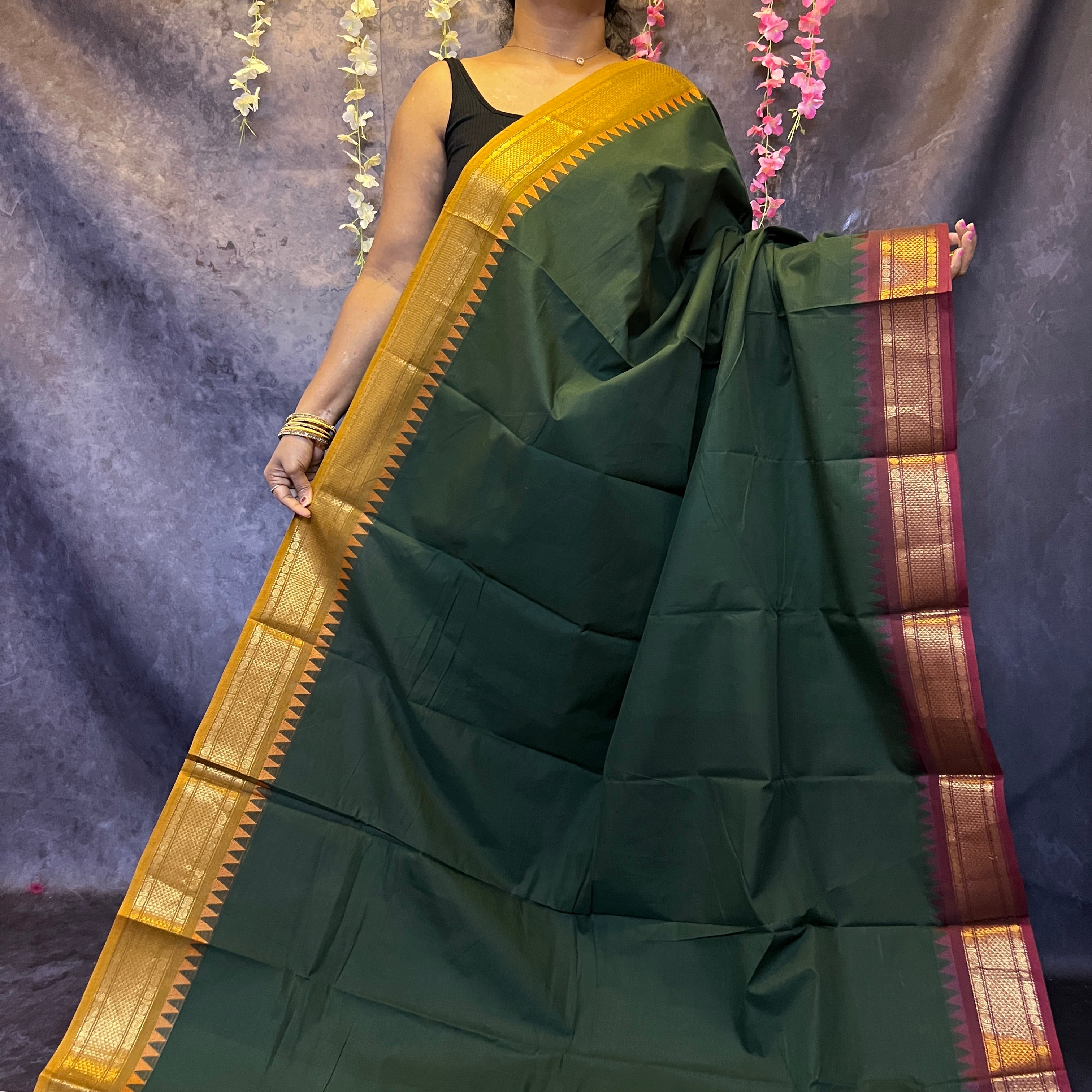 Dark Green Ganga Jamuna Chettinadu Cotton Saree