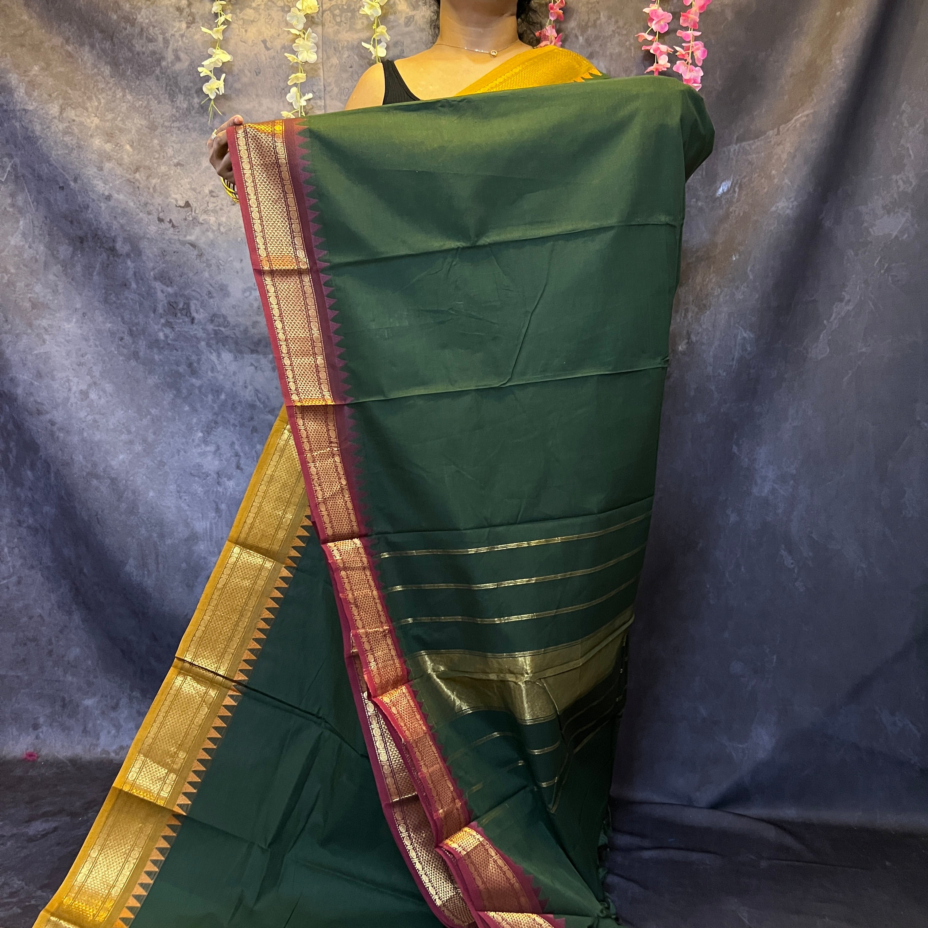 Dark Green Ganga Jamuna Chettinadu Cotton Saree