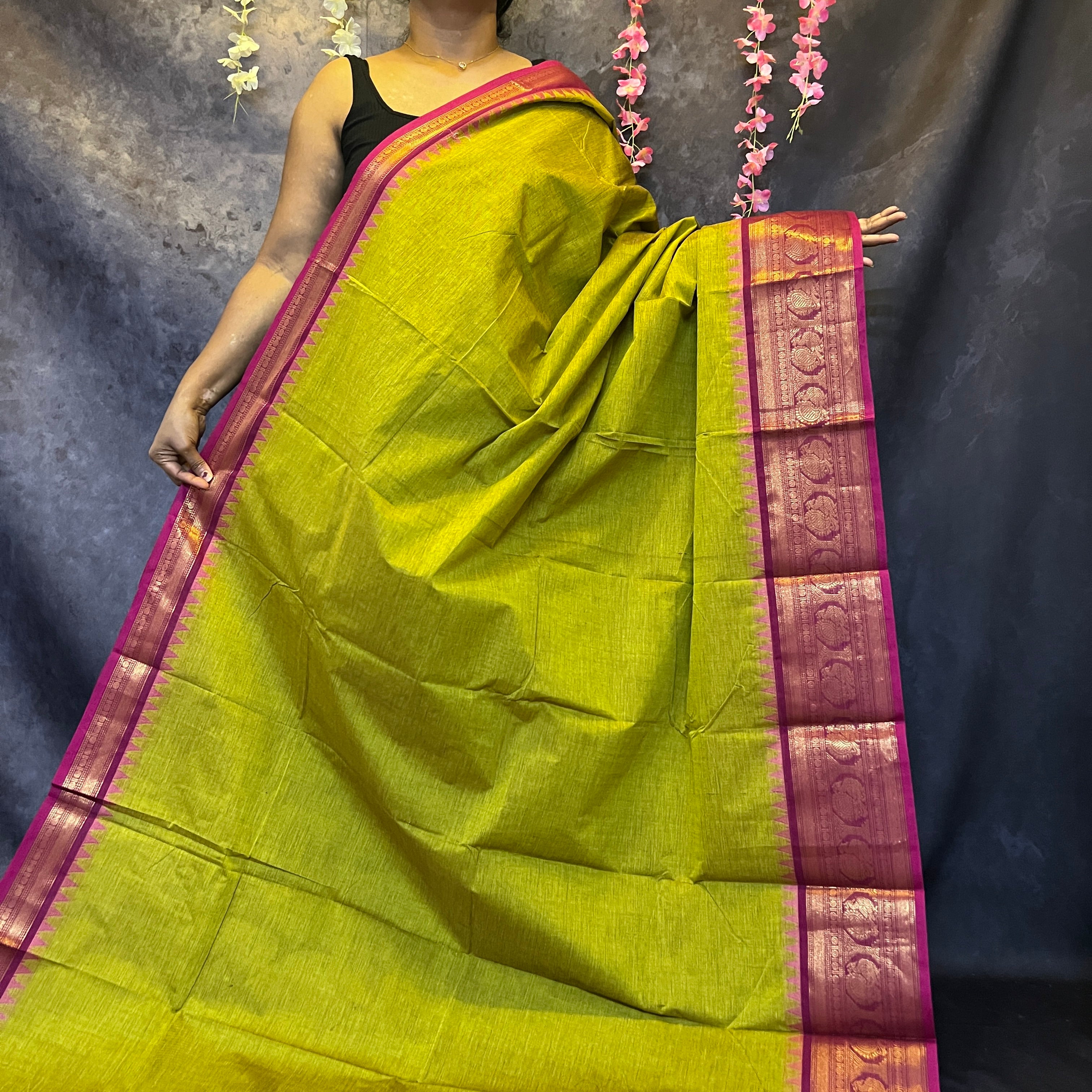 Parrot Green Big Border  Chettinadu Cotton Saree