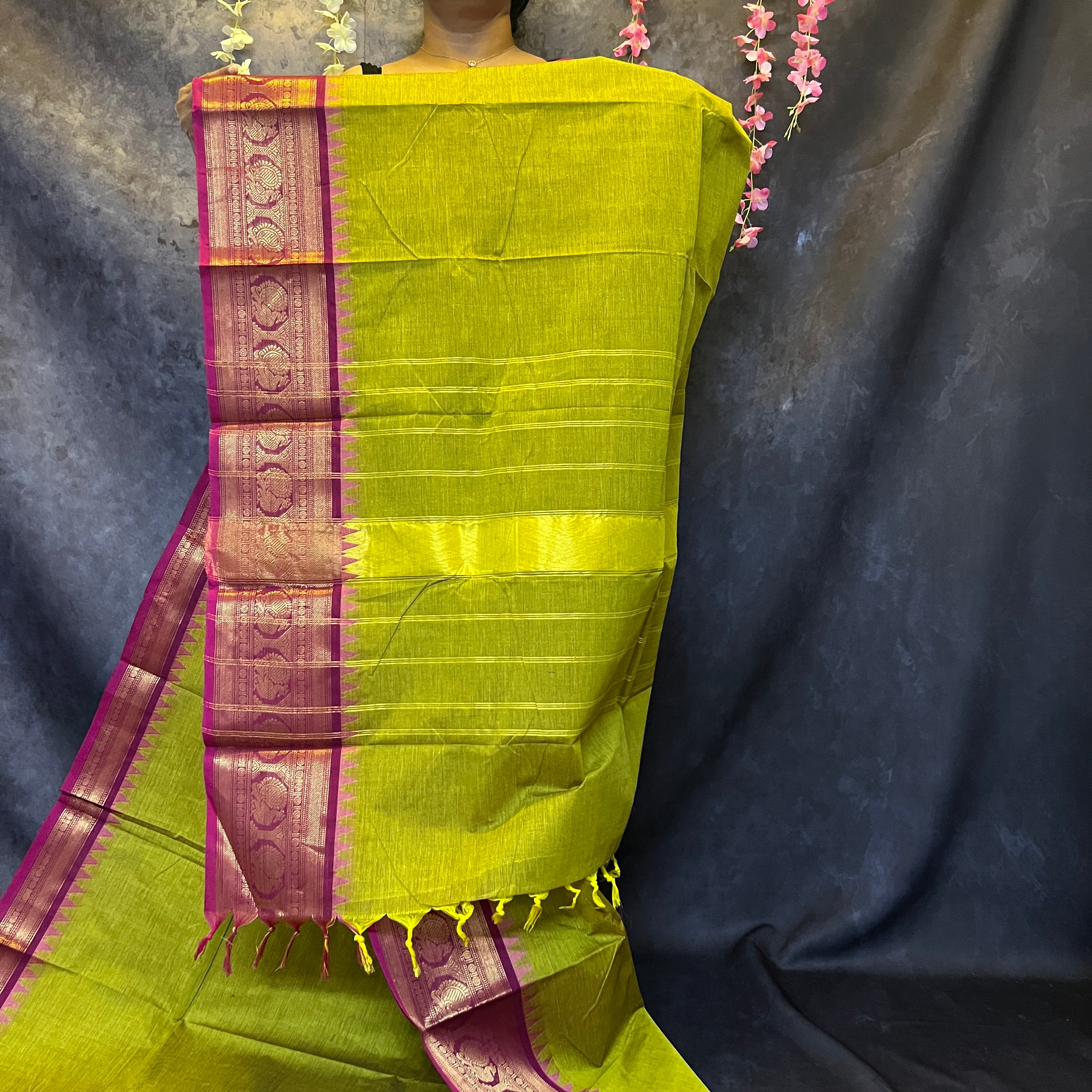 Parrot Green Big Border  Chettinadu Cotton Saree