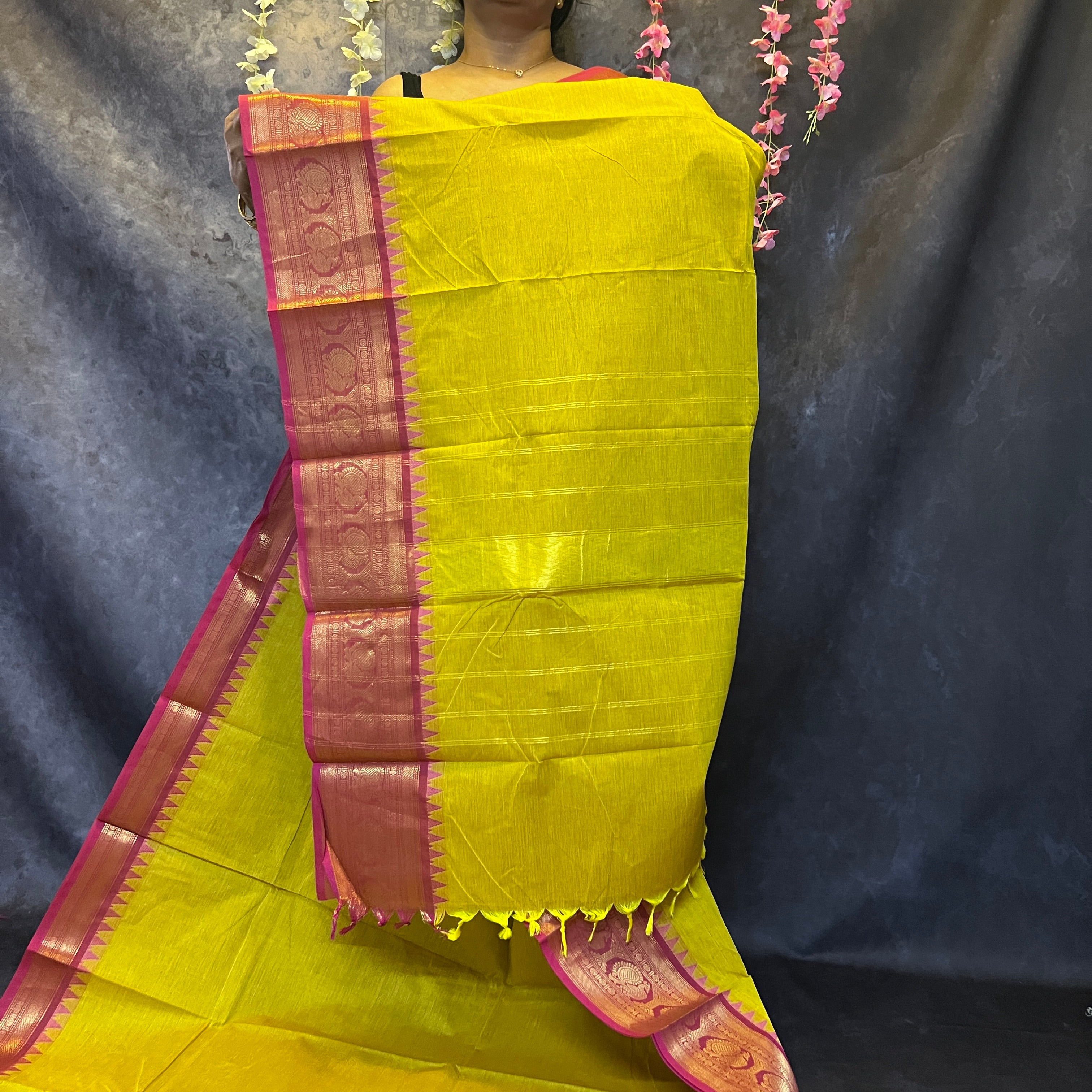 Lime Green Big Border  Chettinadu Cotton Saree