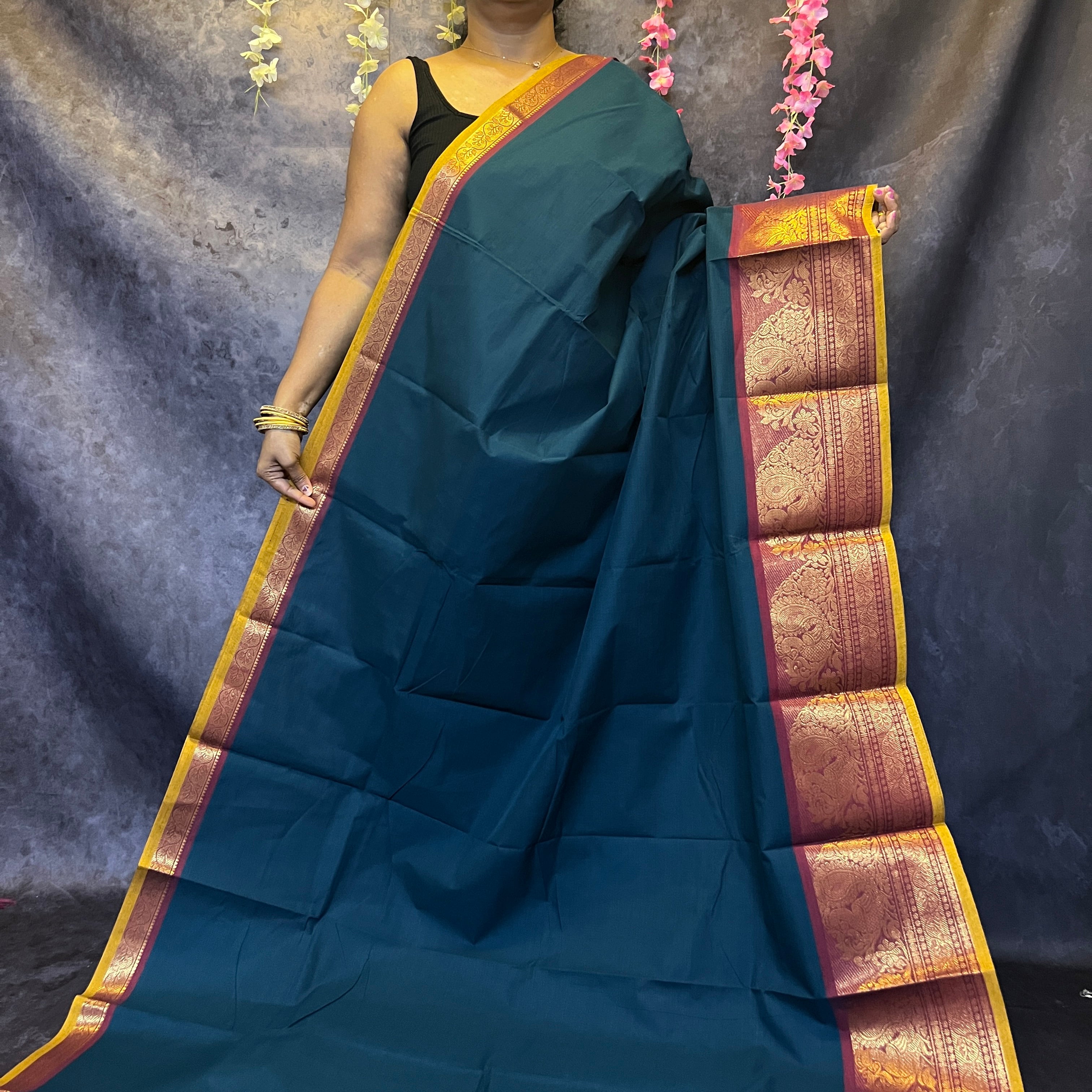 Peacock Blue Big Border Chettinadu Cotton Saree