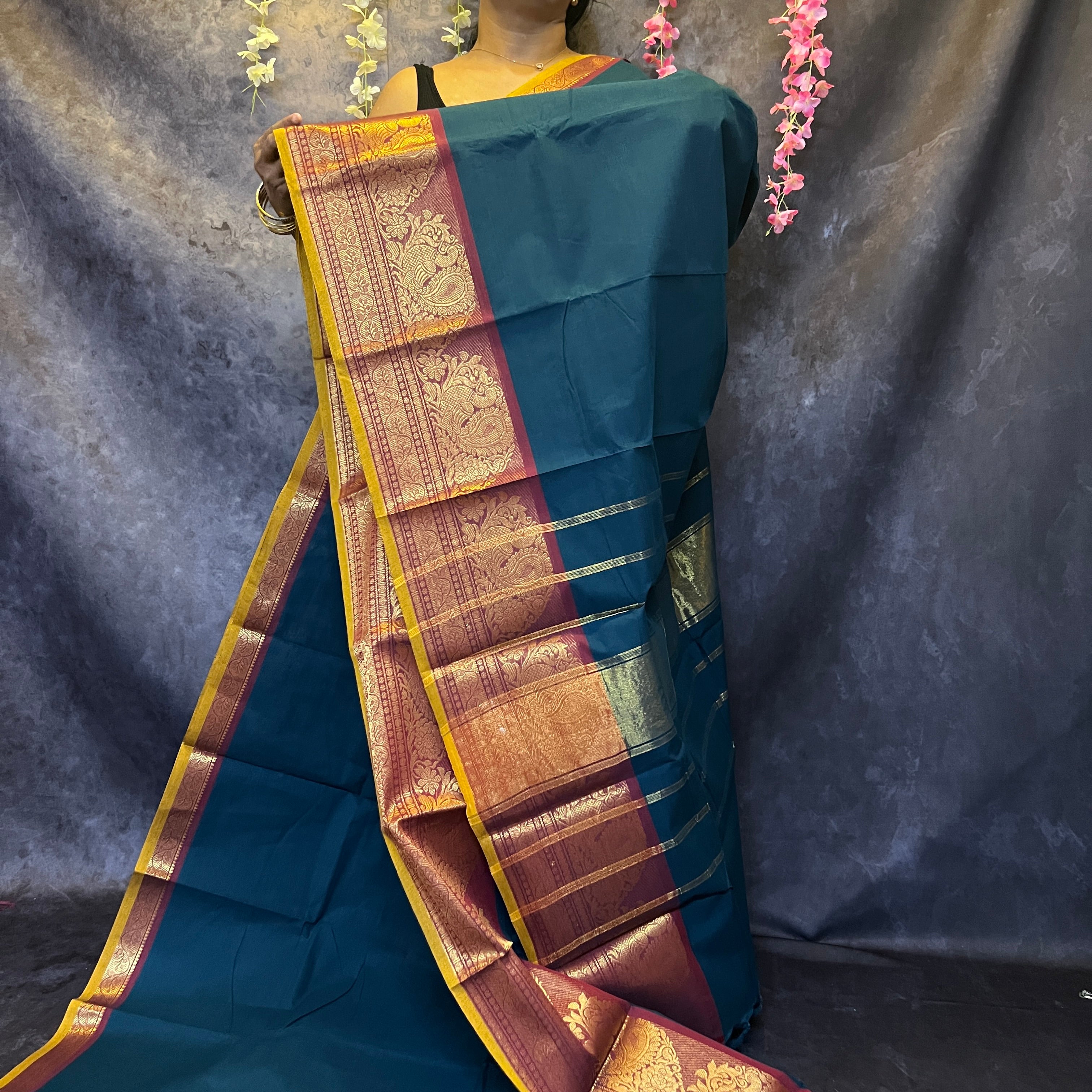 Peacock Blue Big Border Chettinadu Cotton Saree