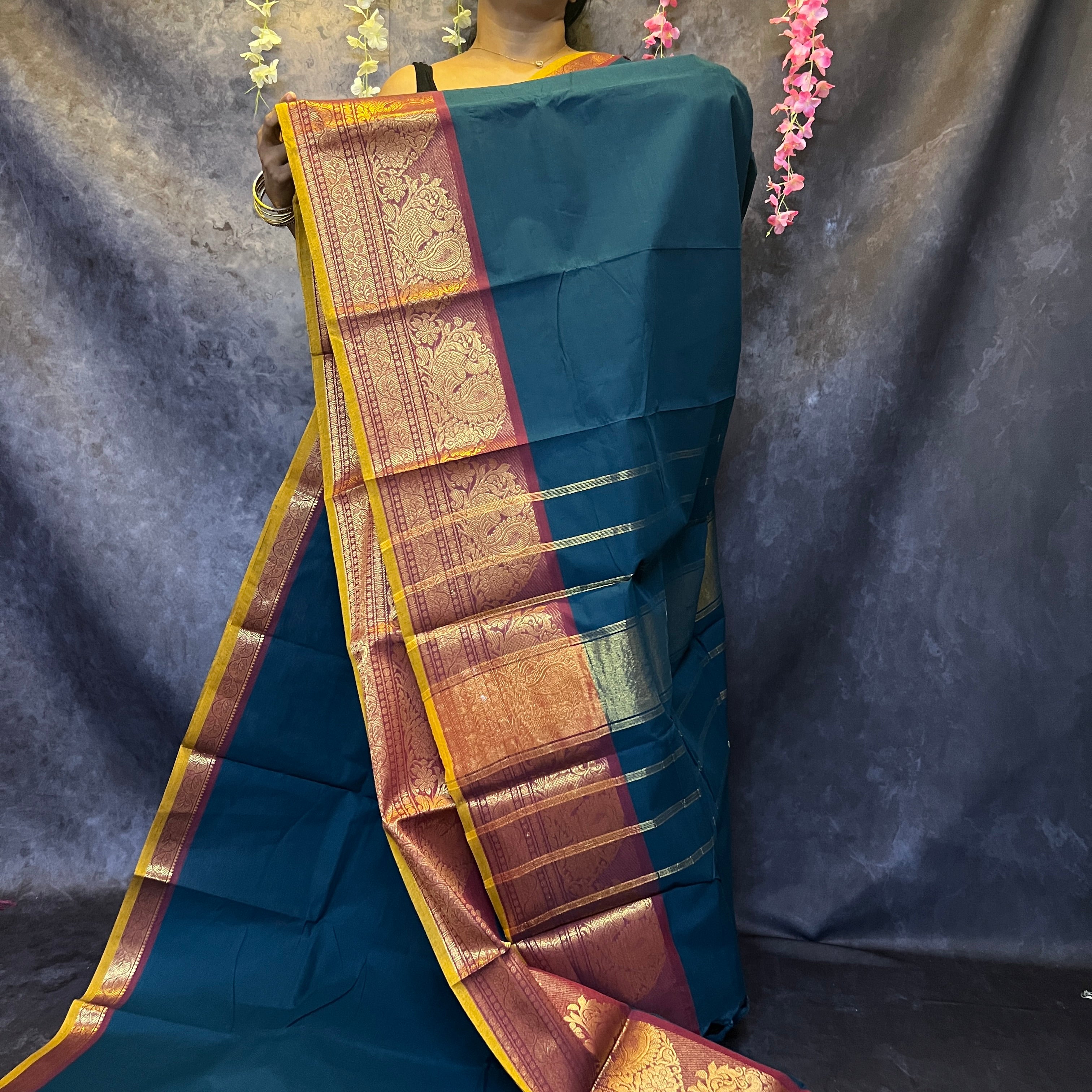 Peacock Blue Big Border Chettinadu Cotton Saree