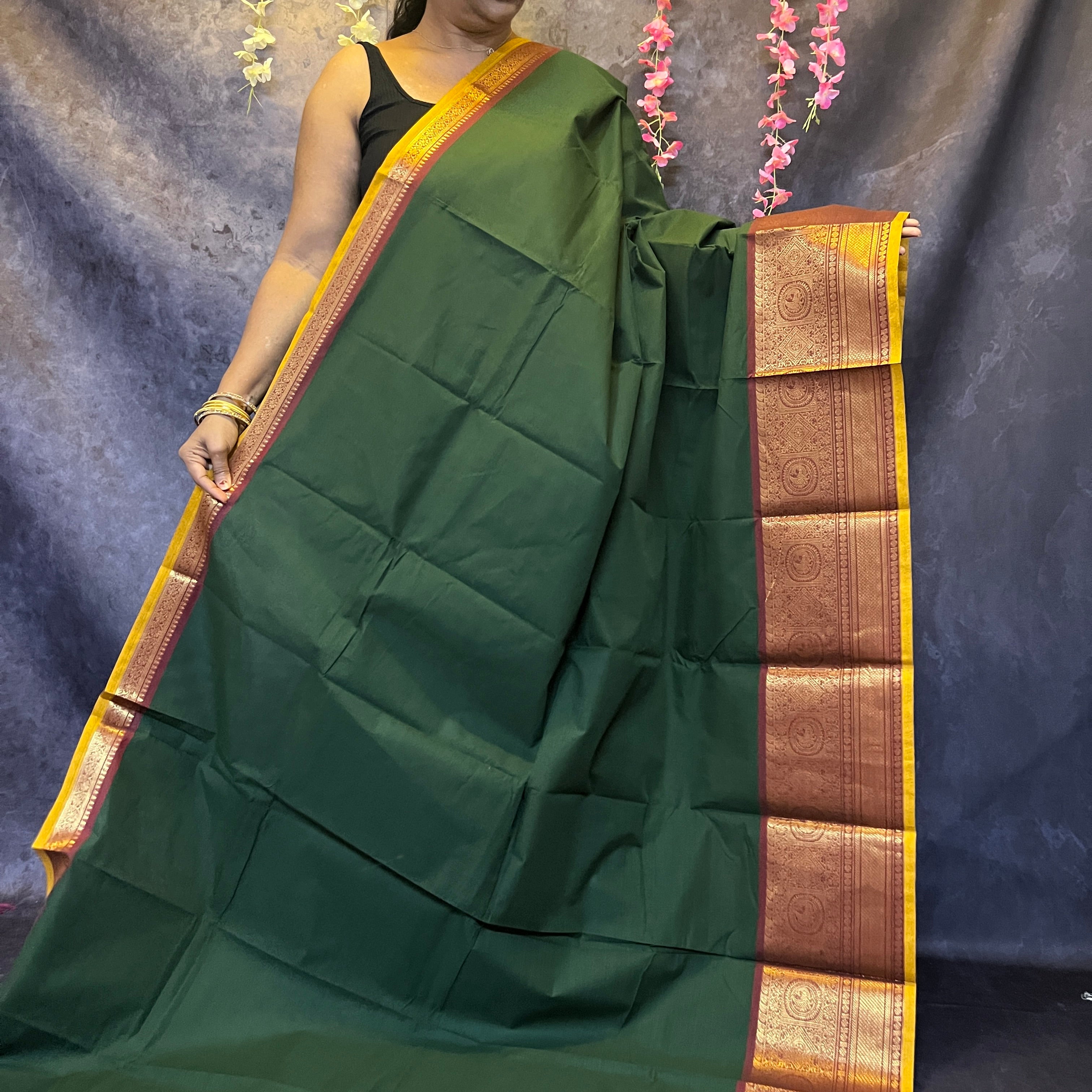 Dark Green Big Border  Chettinadu Cotton Saree