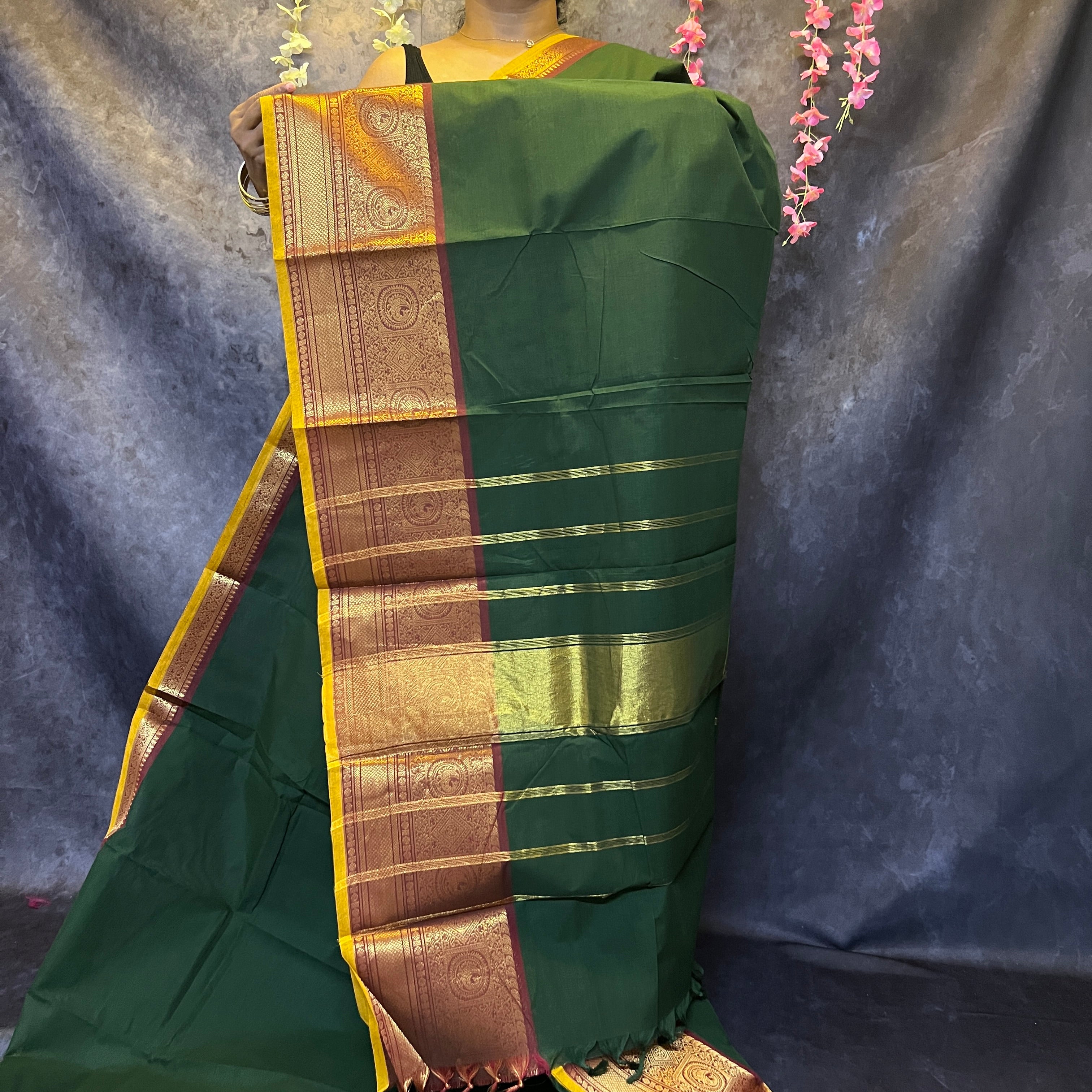 Dark Green Big Border  Chettinadu Cotton Saree