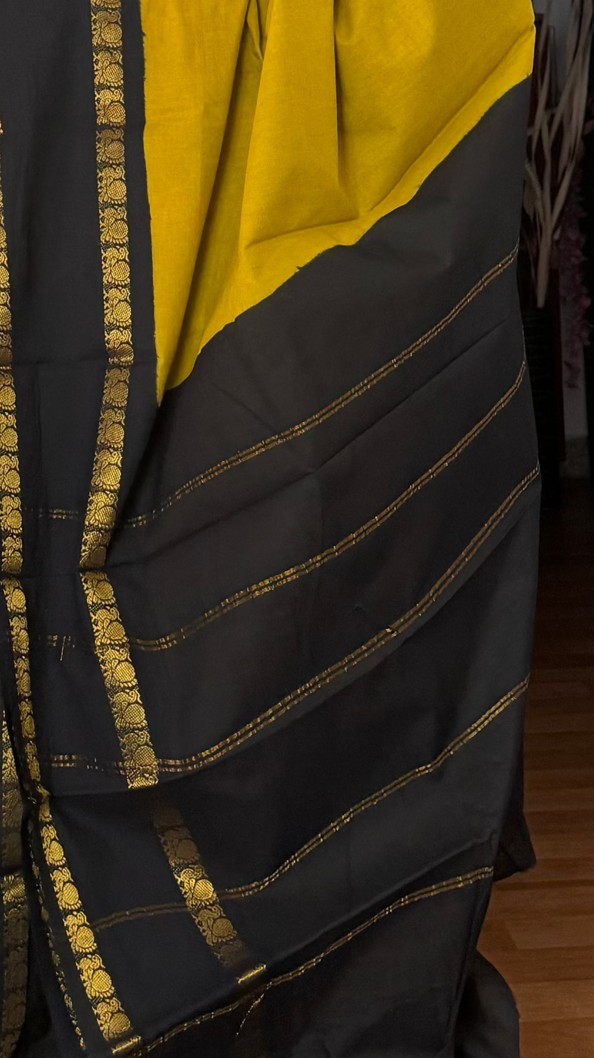 Mustard and Black sungudi cotton saree