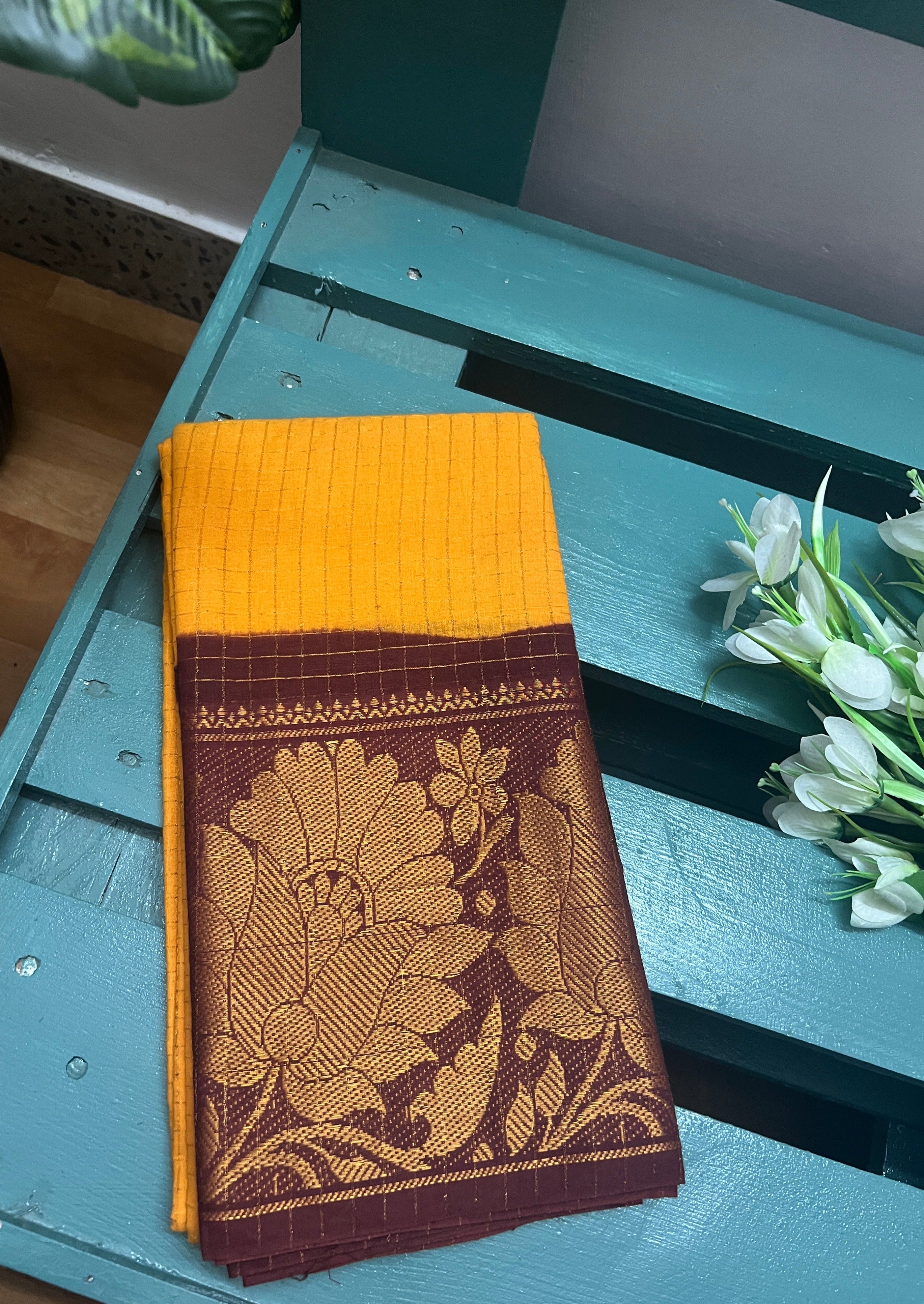 Yellow Checked Sungudi Cotton Saree