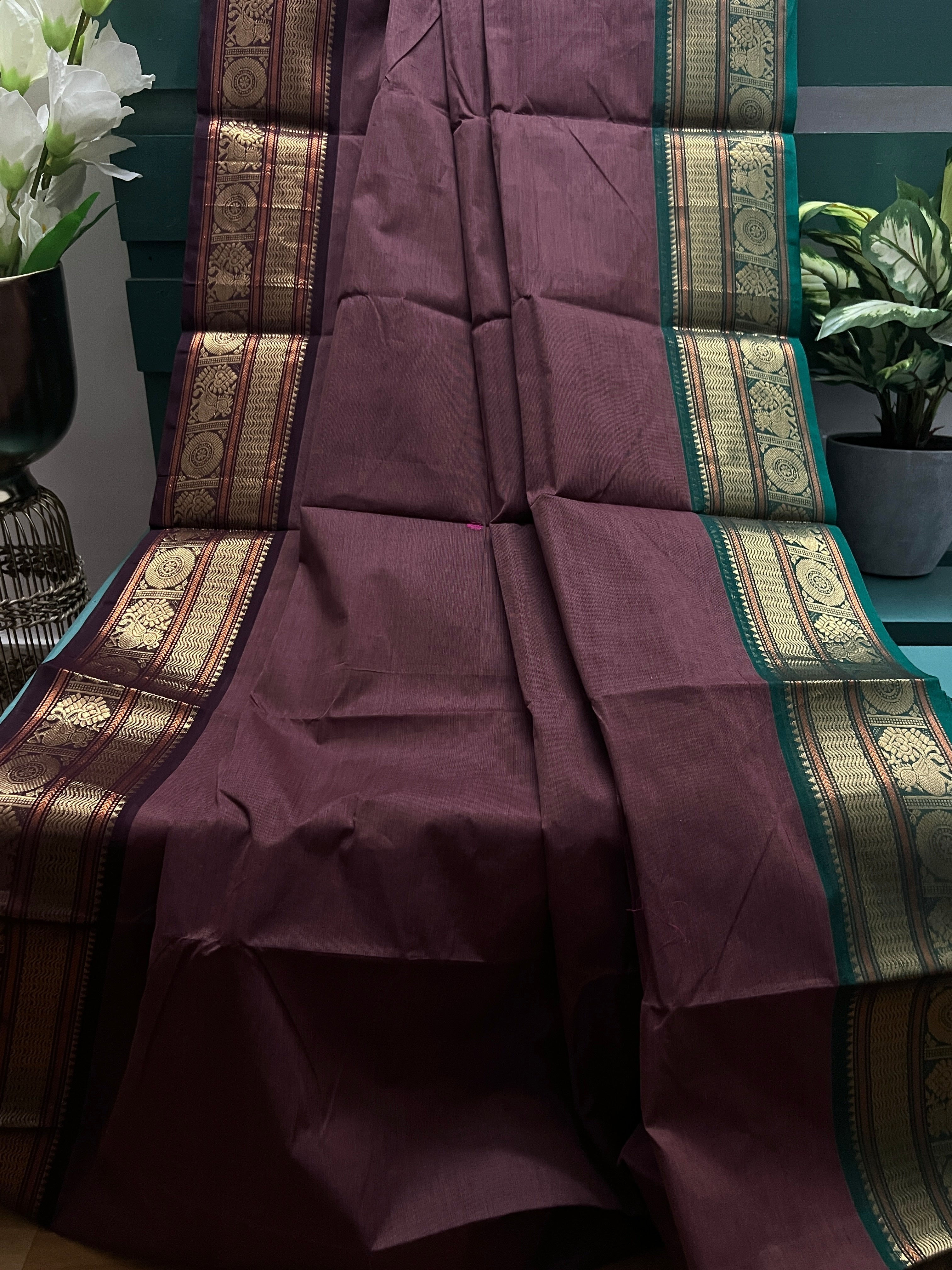 Deep Maroon and Green Ganga Jamuna  Chettinadu Cotton Saree