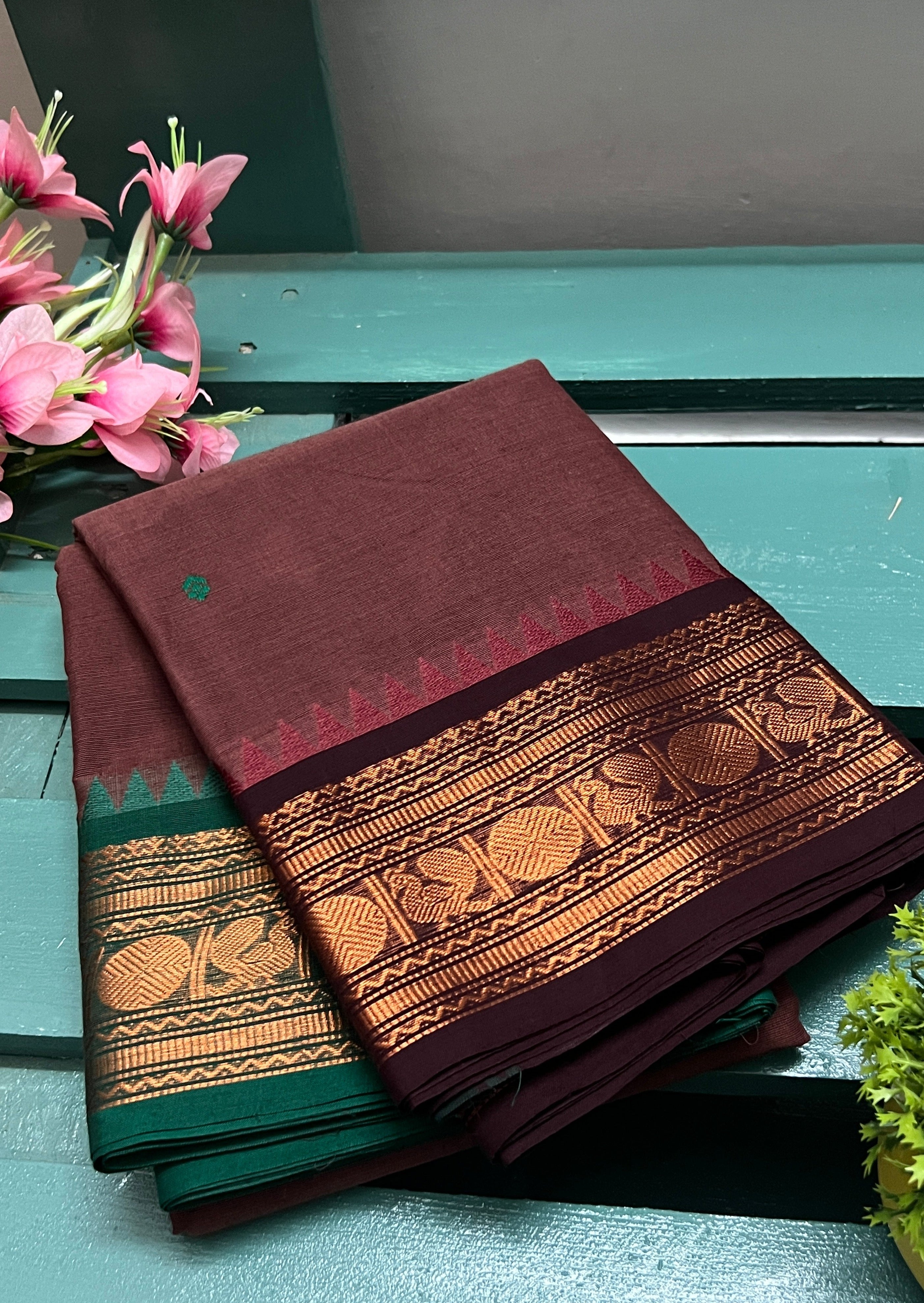 Deep Maroon and Green Ganga Jamuna  Chettinadu Cotton Saree