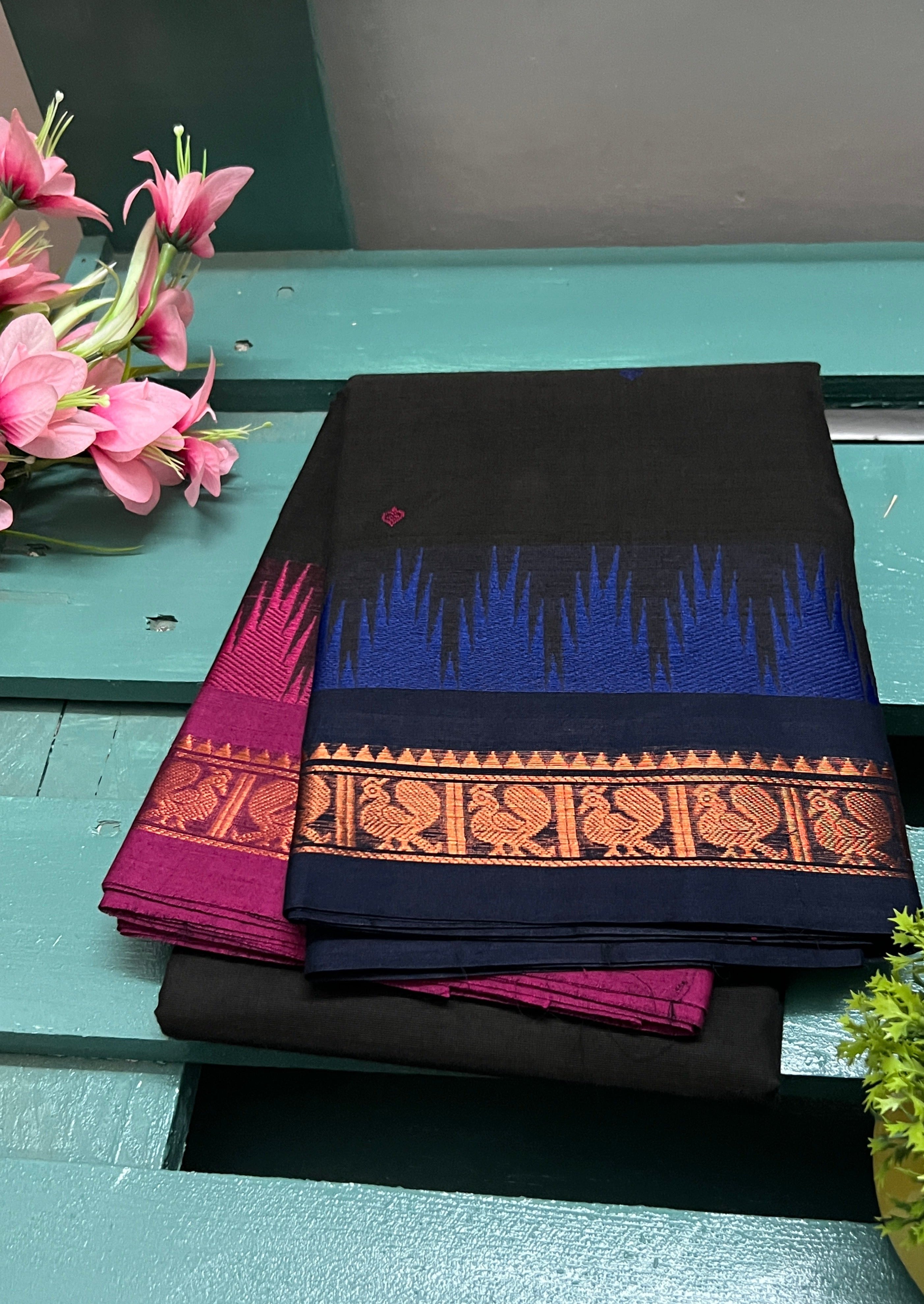 Dark Green Ganga Jamuna Chettinadu Cotton Saree