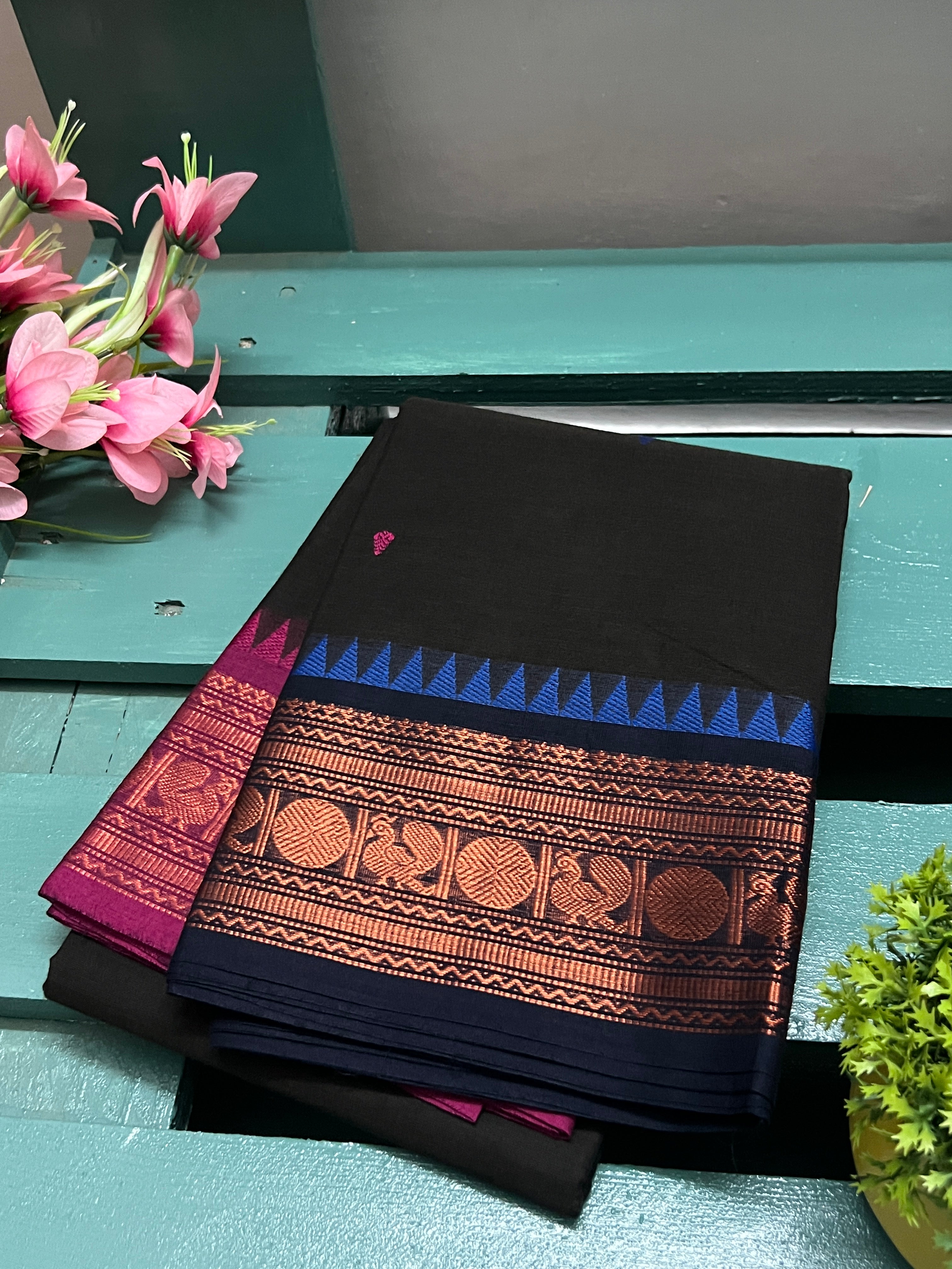 Deepest Green and Pink Ganga Jamuna  Chettinadu Cotton Saree