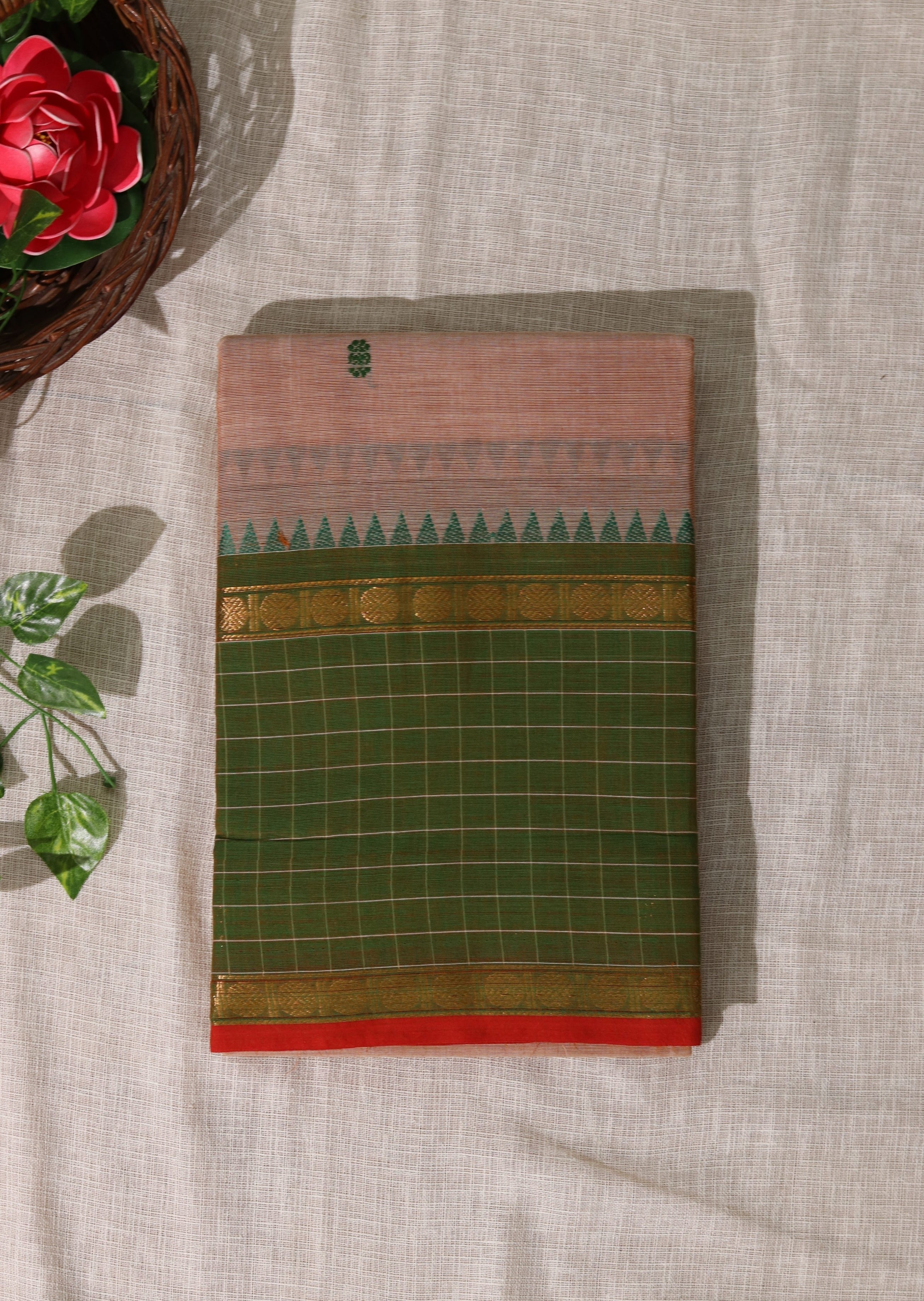 Dark Beige Checked Border Chettinadu Cotton Saree