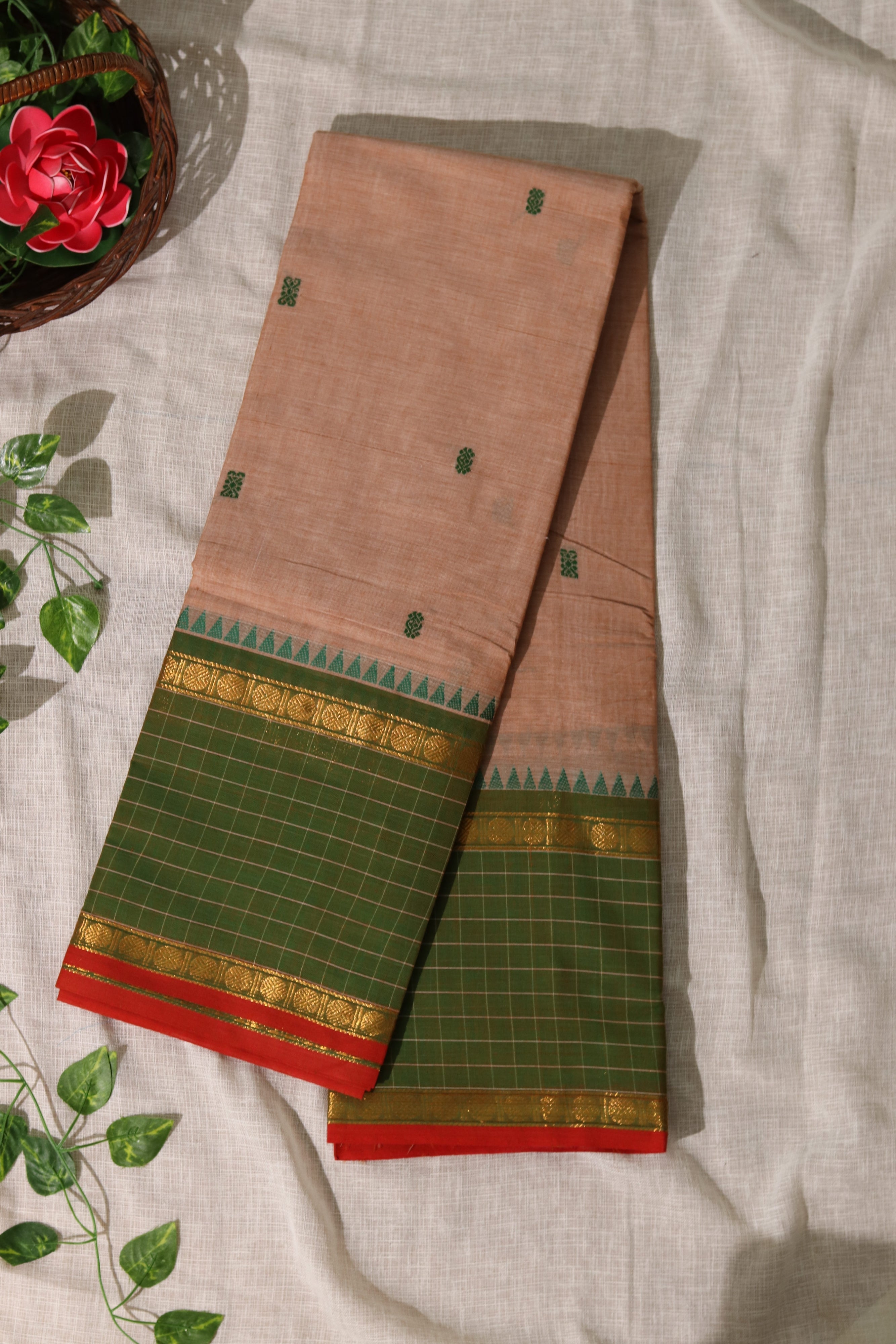 Dark Beige Checked Border Chettinadu Cotton Saree