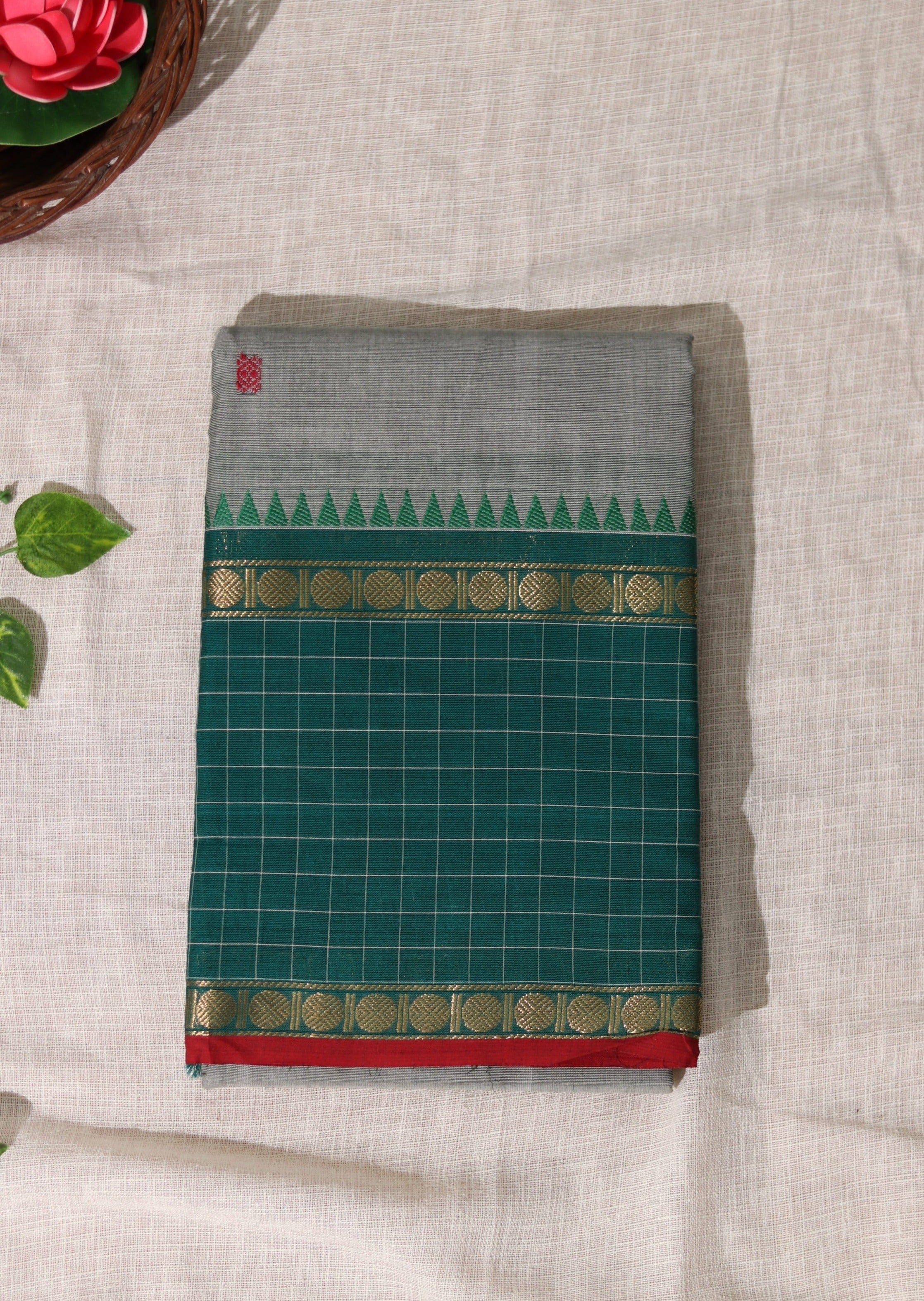 Greyish Green Checked Border Chettinadu Cotton Saree