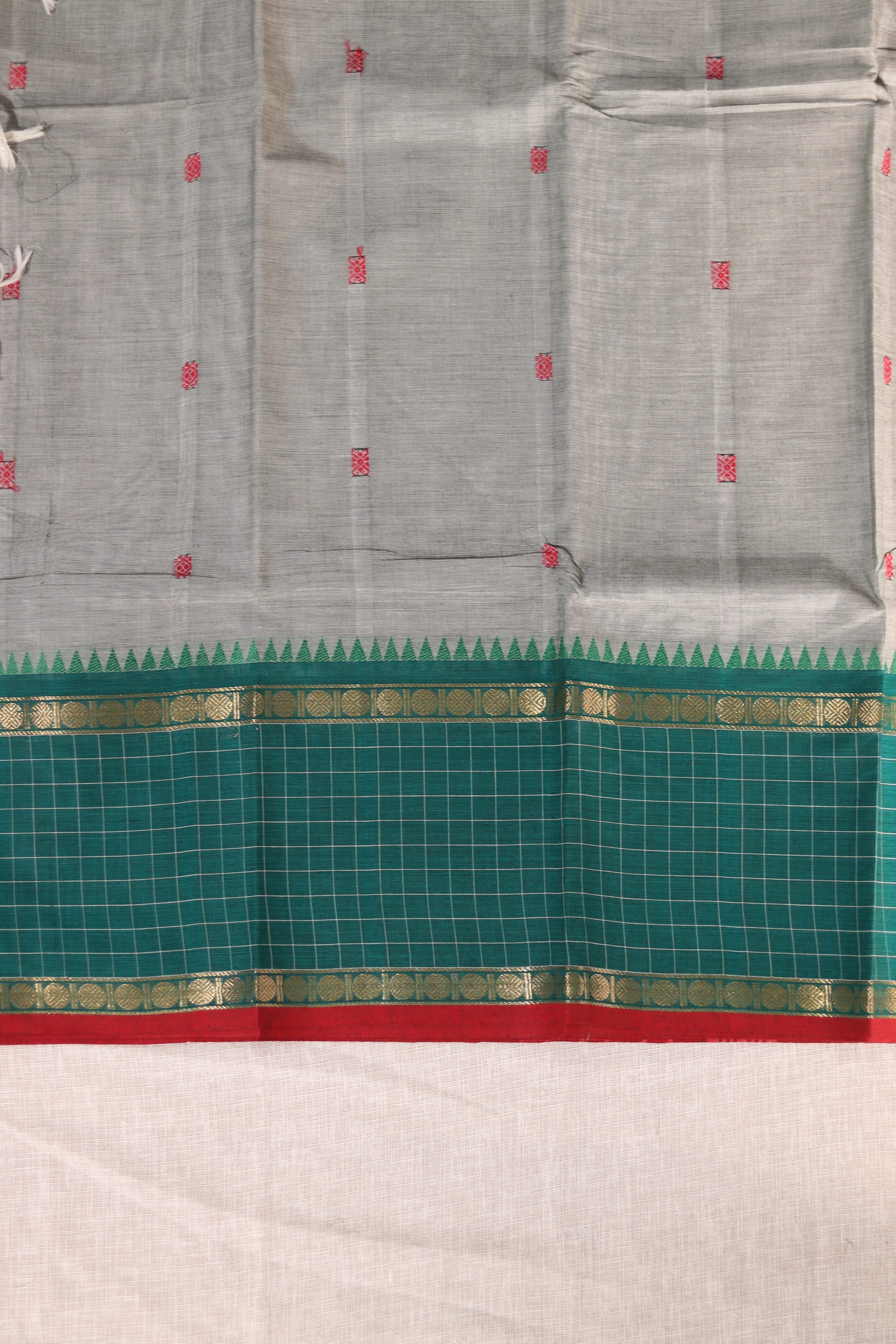 Greyish Green Checked Border Chettinadu Cotton Saree