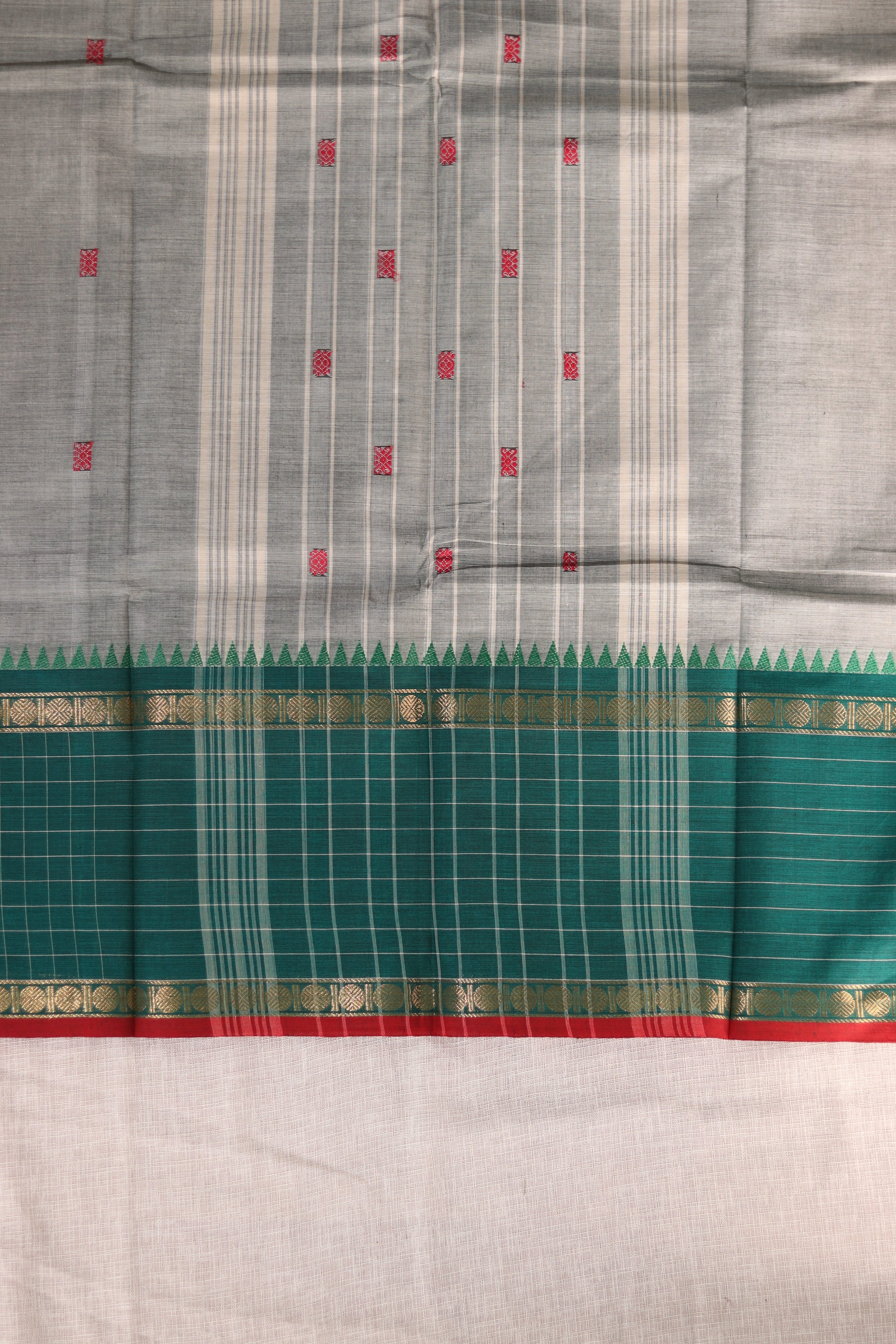 Greyish Green Checked Border Chettinadu Cotton Saree