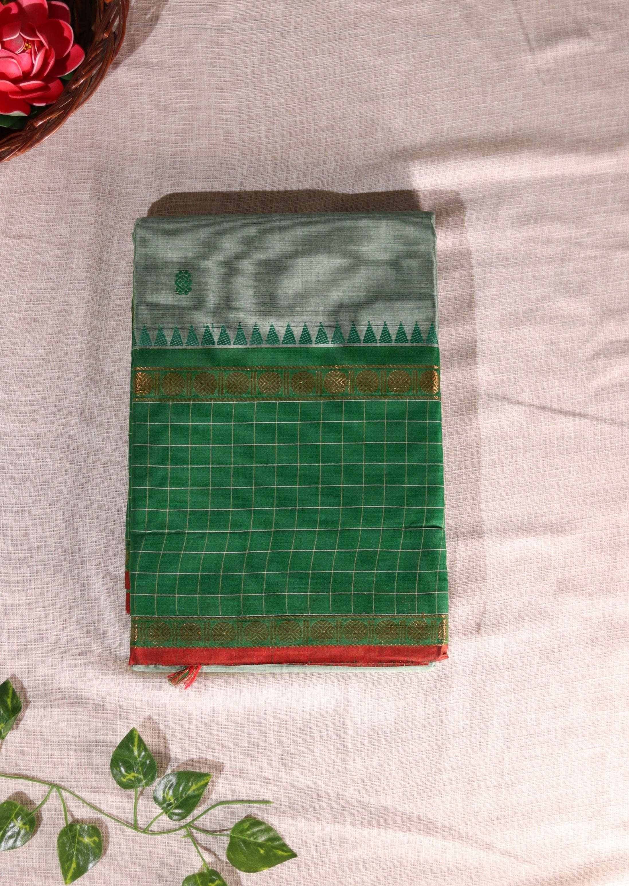 Light Green Checked Border Chettinadu Cotton Saree