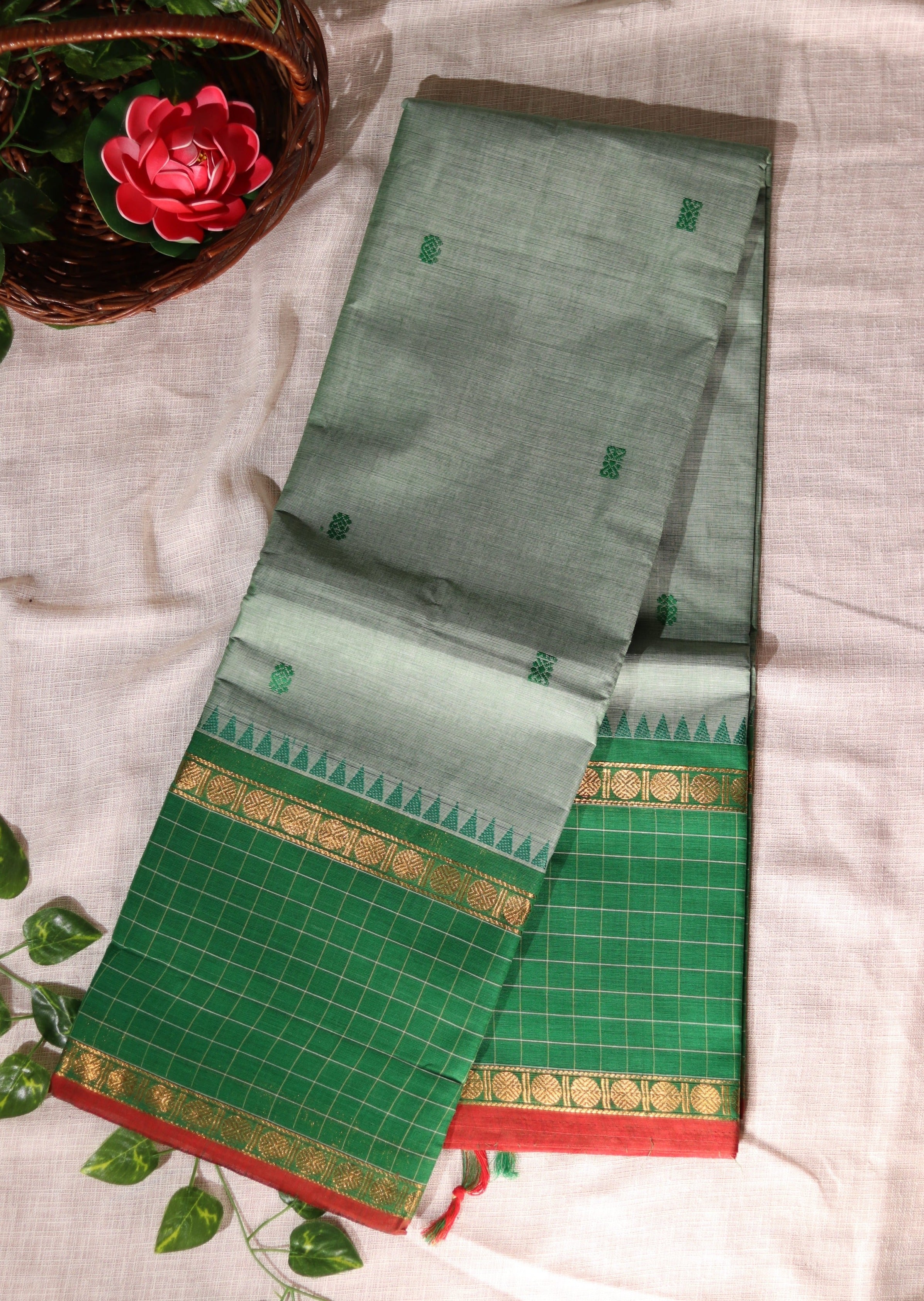 Light Green Checked Border Chettinadu Cotton Saree