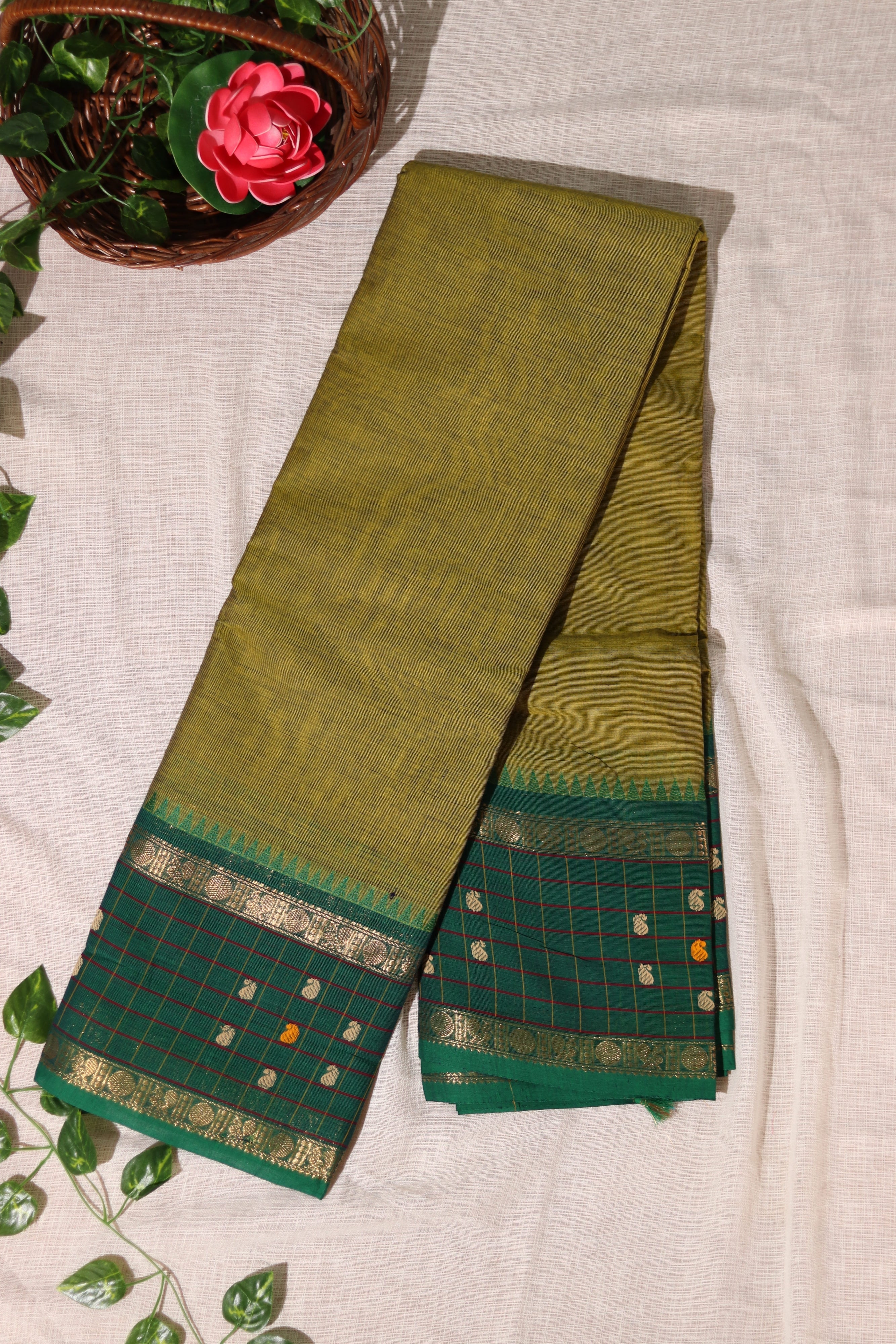 Olive Green Checked Border Chettinadu Cotton Saree