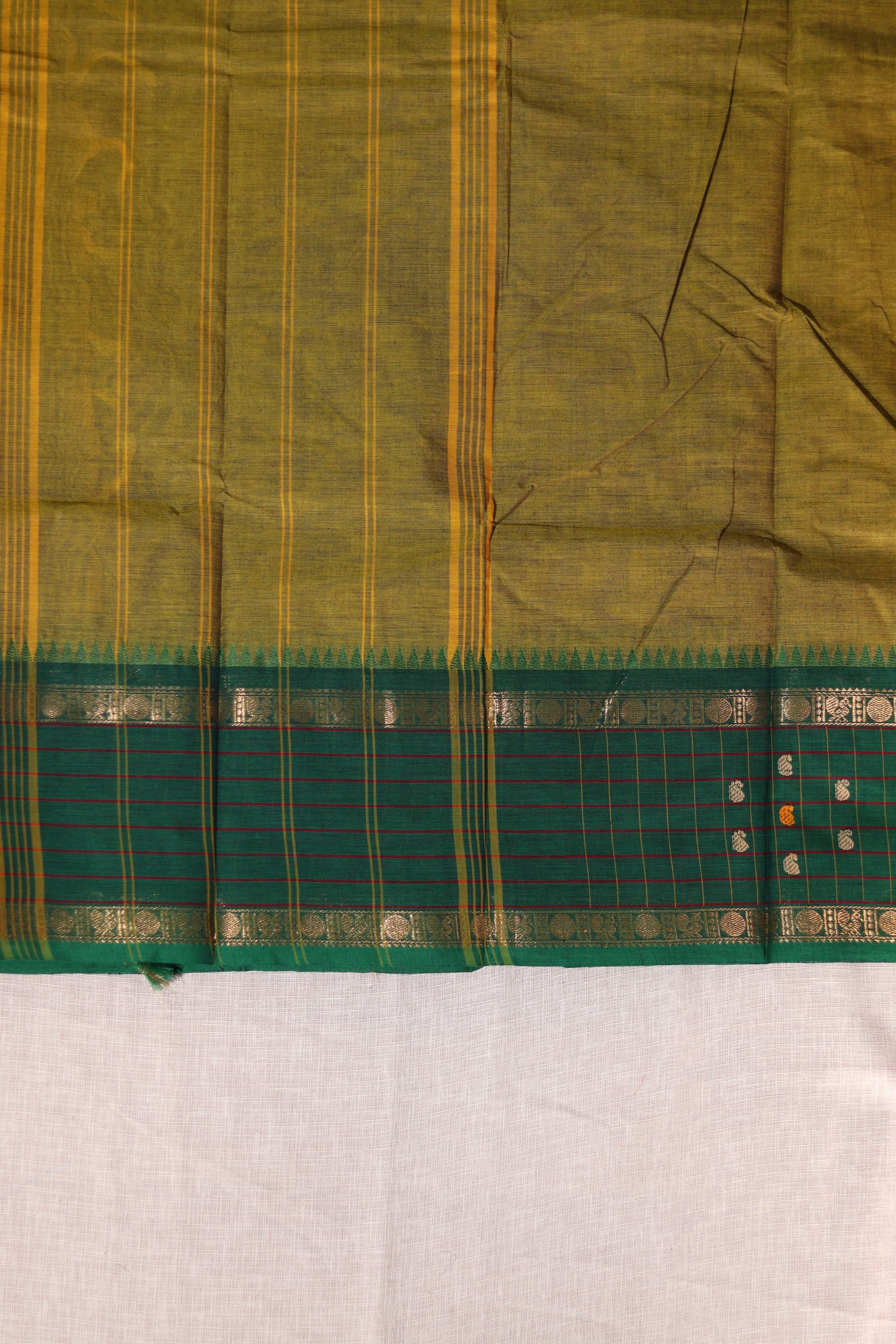 Olive Green Checked Border Chettinadu Cotton Saree