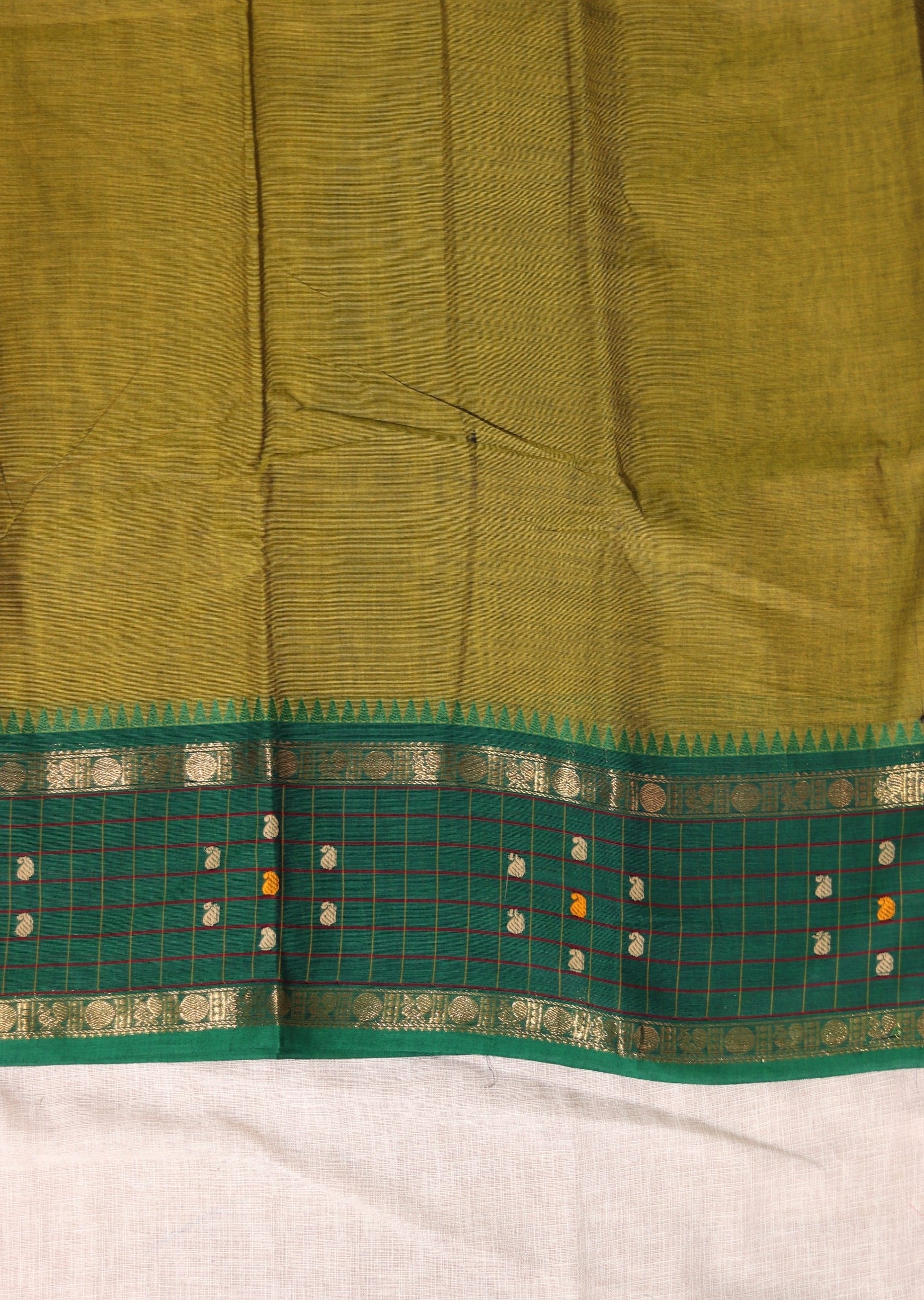 Olive Green Checked Border Chettinadu Cotton Saree