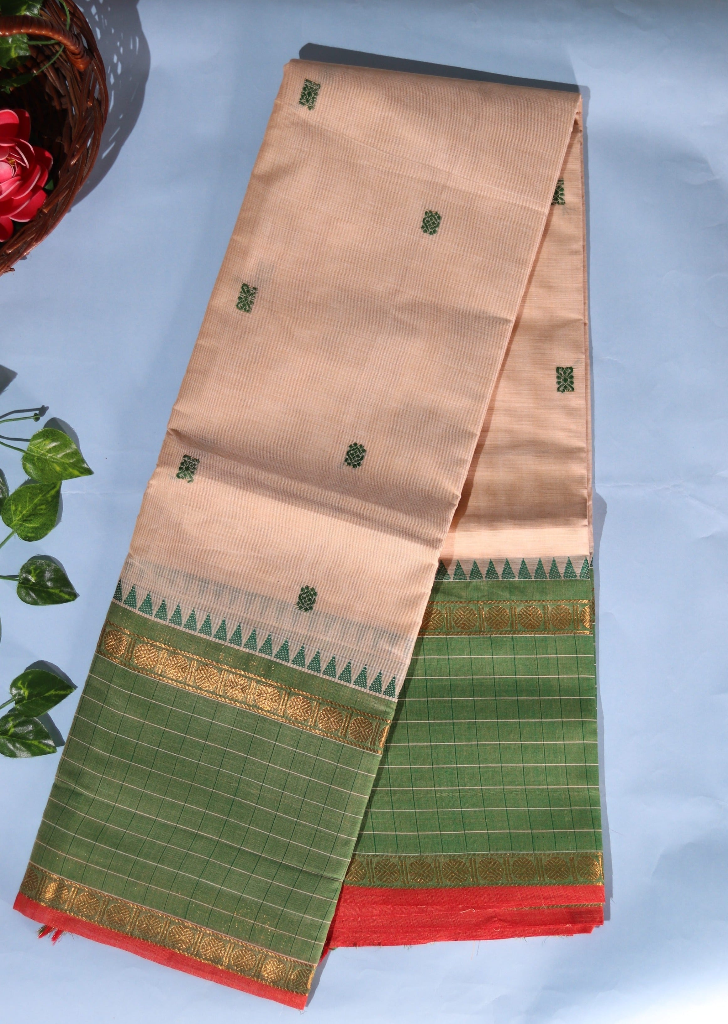 Beige Checked Border Chettinadu Cotton Saree