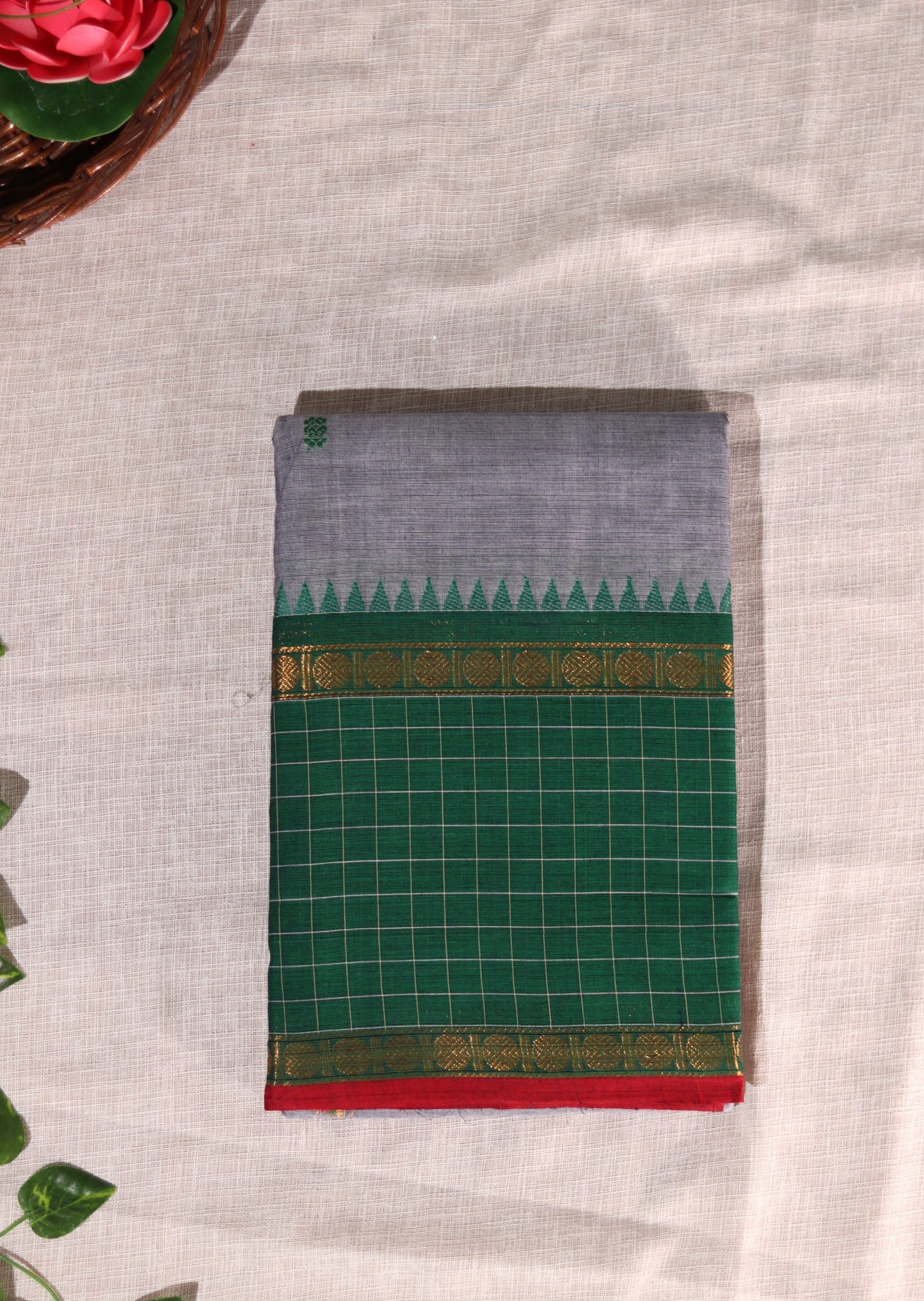 Grey Checked Border Chettinadu Cotton Saree