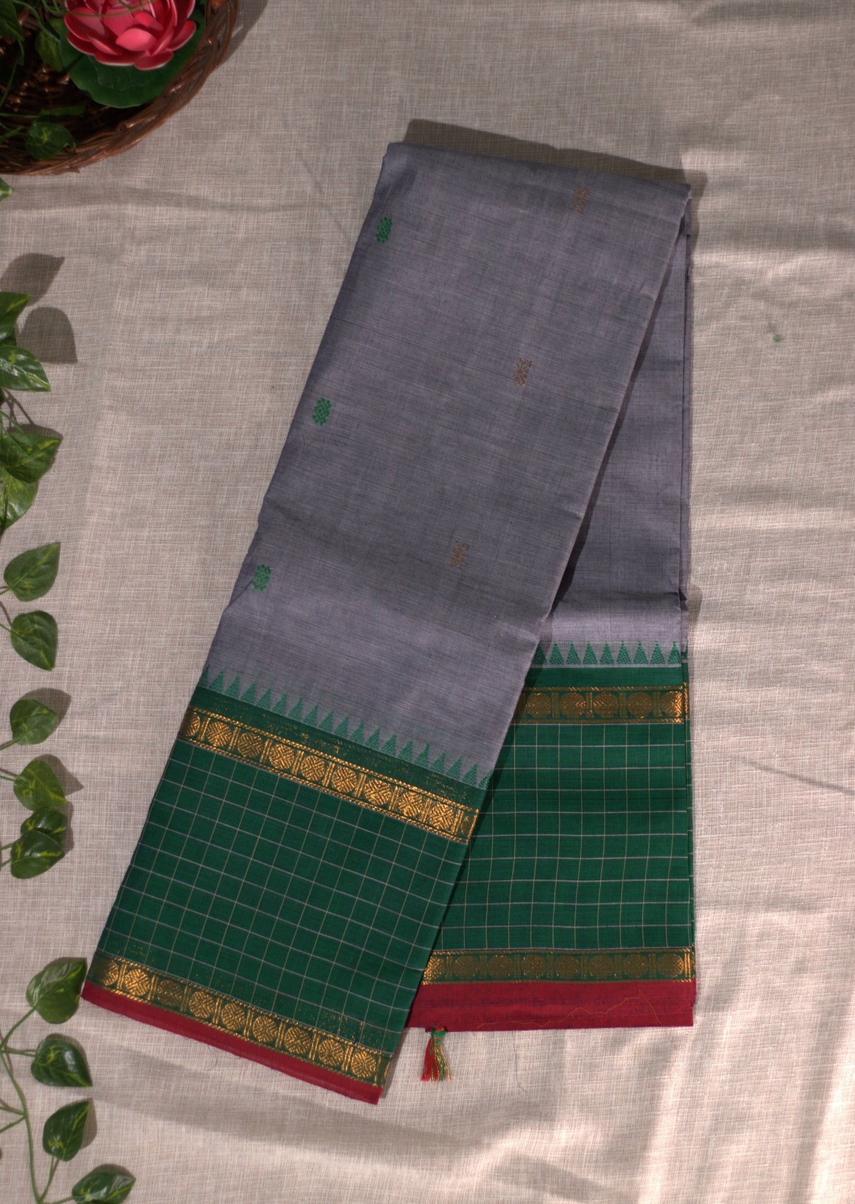 Grey Checked Border Chettinadu Cotton Saree