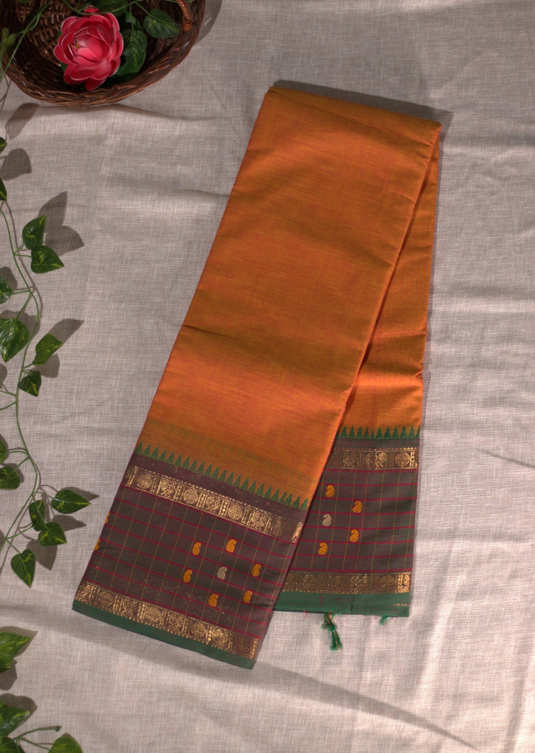 Orange Checked Border Chettinadu Cotton Saree