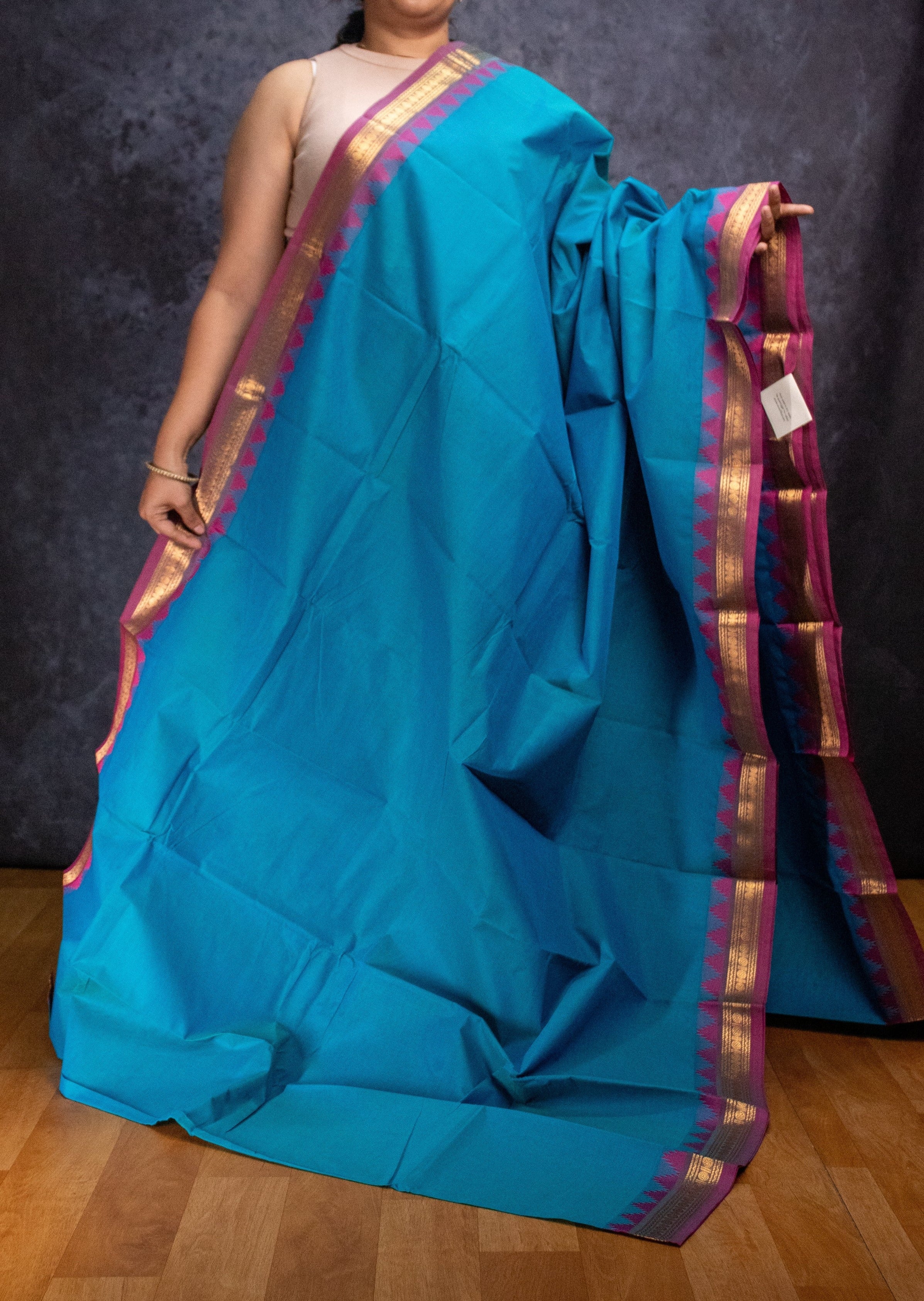 Blue and Pink Small Border Chettinadu Cotton Saree