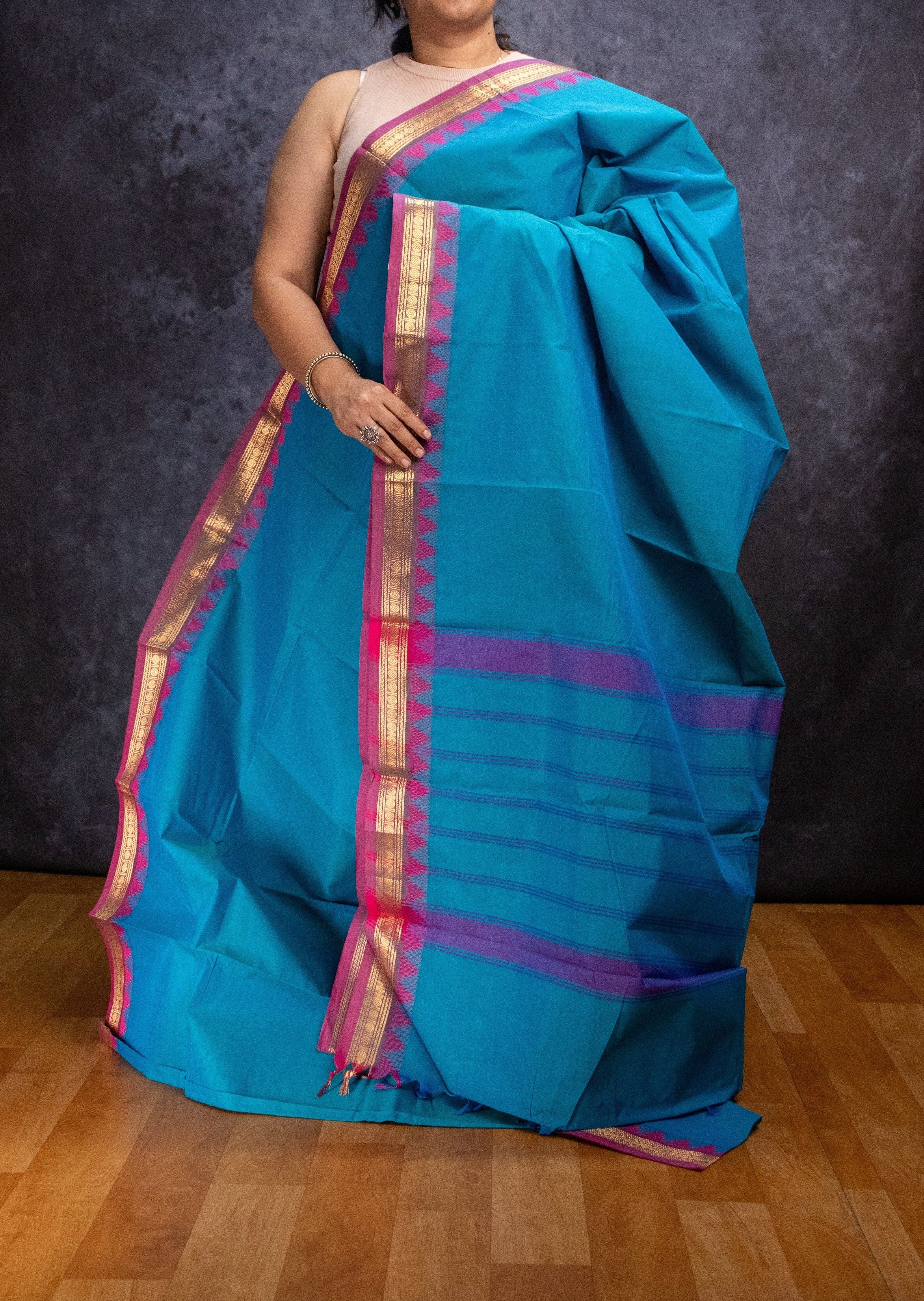 Blue and Pink Small Border Chettinadu Cotton Saree