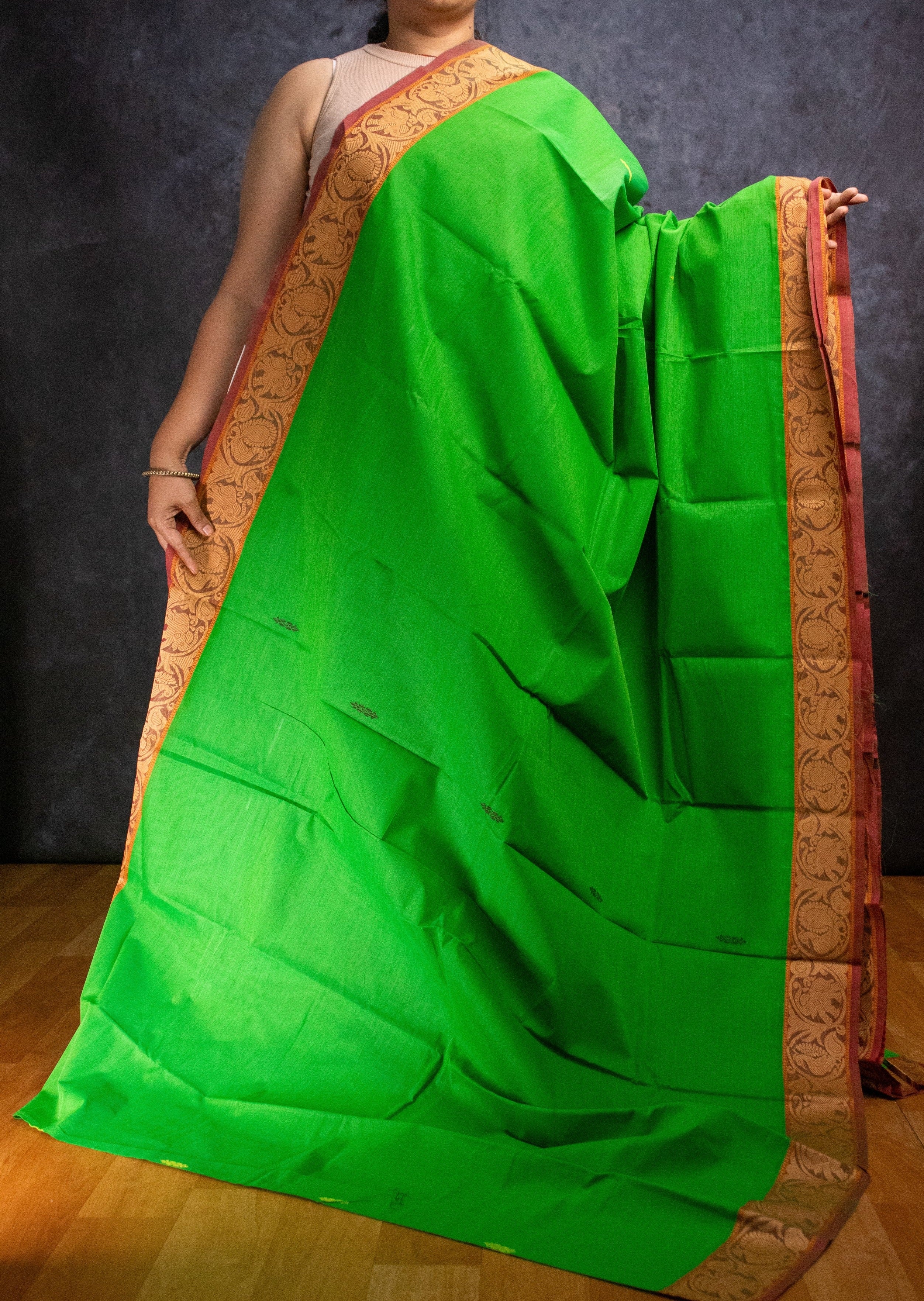 Parrot Green Elephant and Peacock Border Chettinadu Cotton Saree