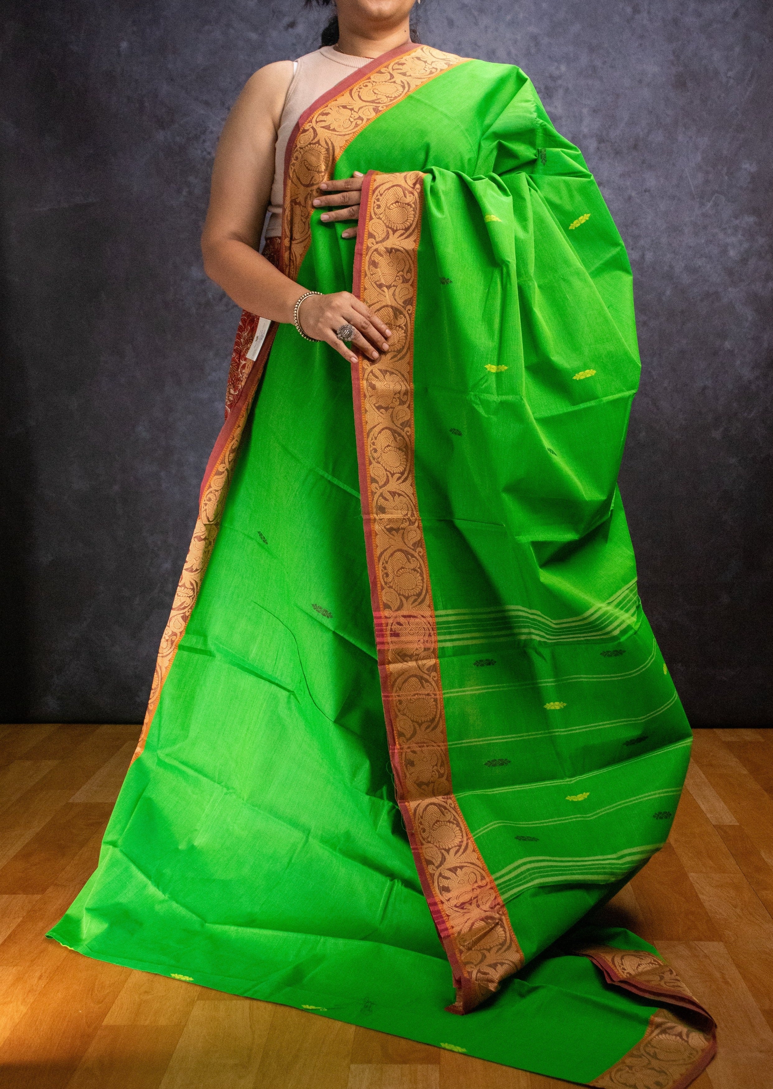 Parrot Green Elephant and Peacock Border Chettinadu Cotton Saree