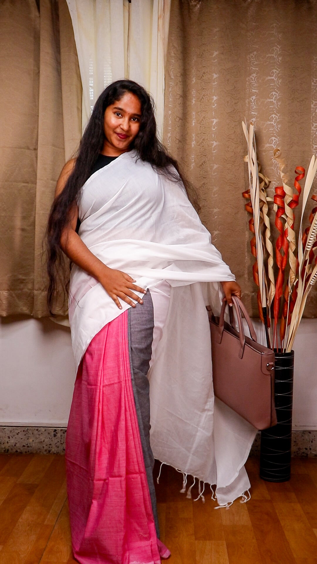 White and Pink Cloud Cotton Saree