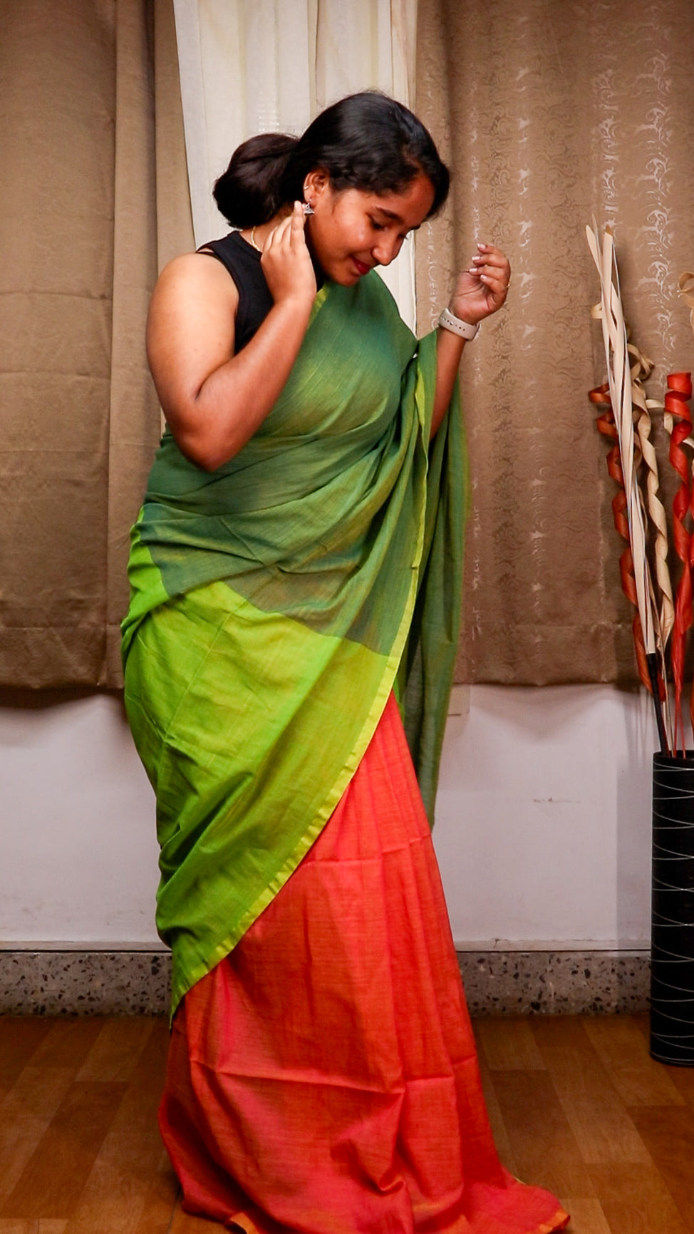 Green and Orange Cloud Cotton Saree