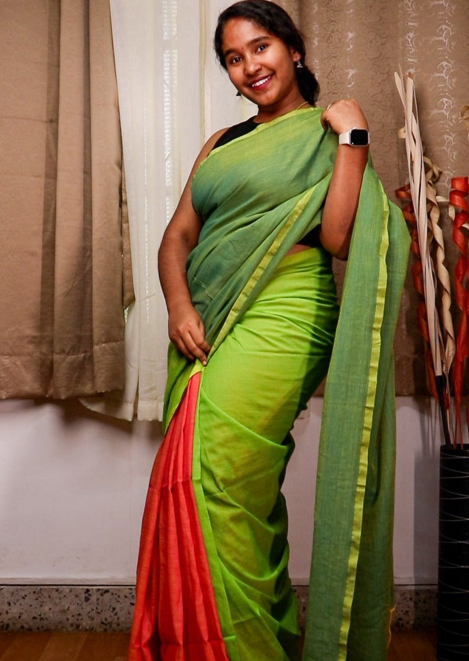 Green and Orange Cloud Cotton Saree