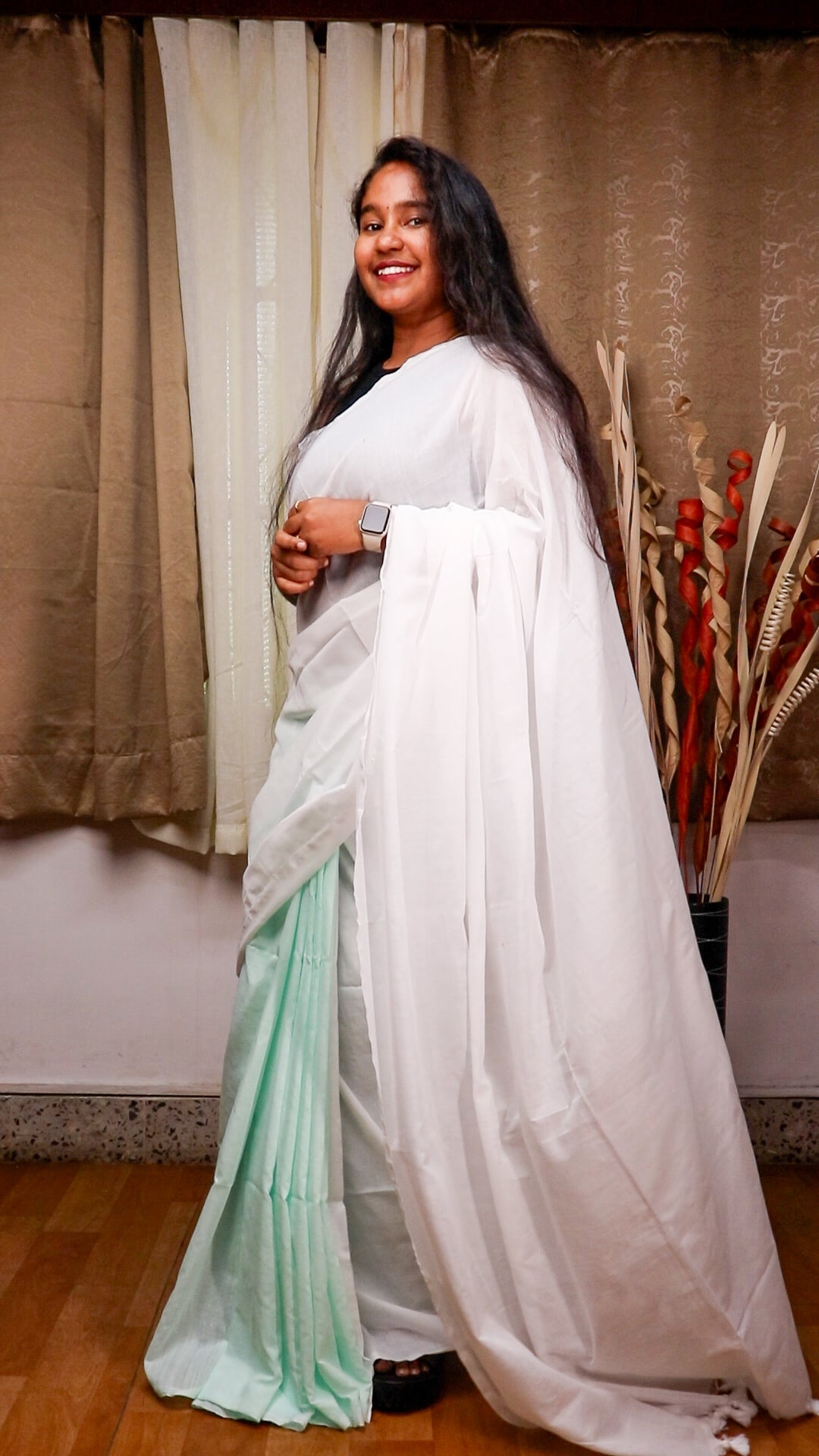 Pure White and Light Pista Cloud Cotton Saree