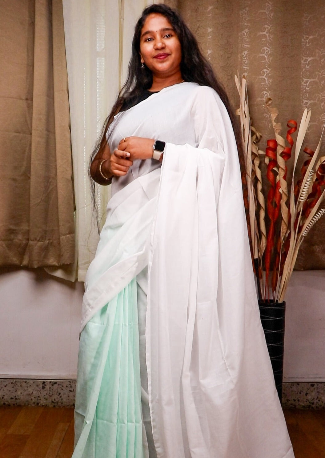 Pure White and Light Pista Cloud Cotton Saree