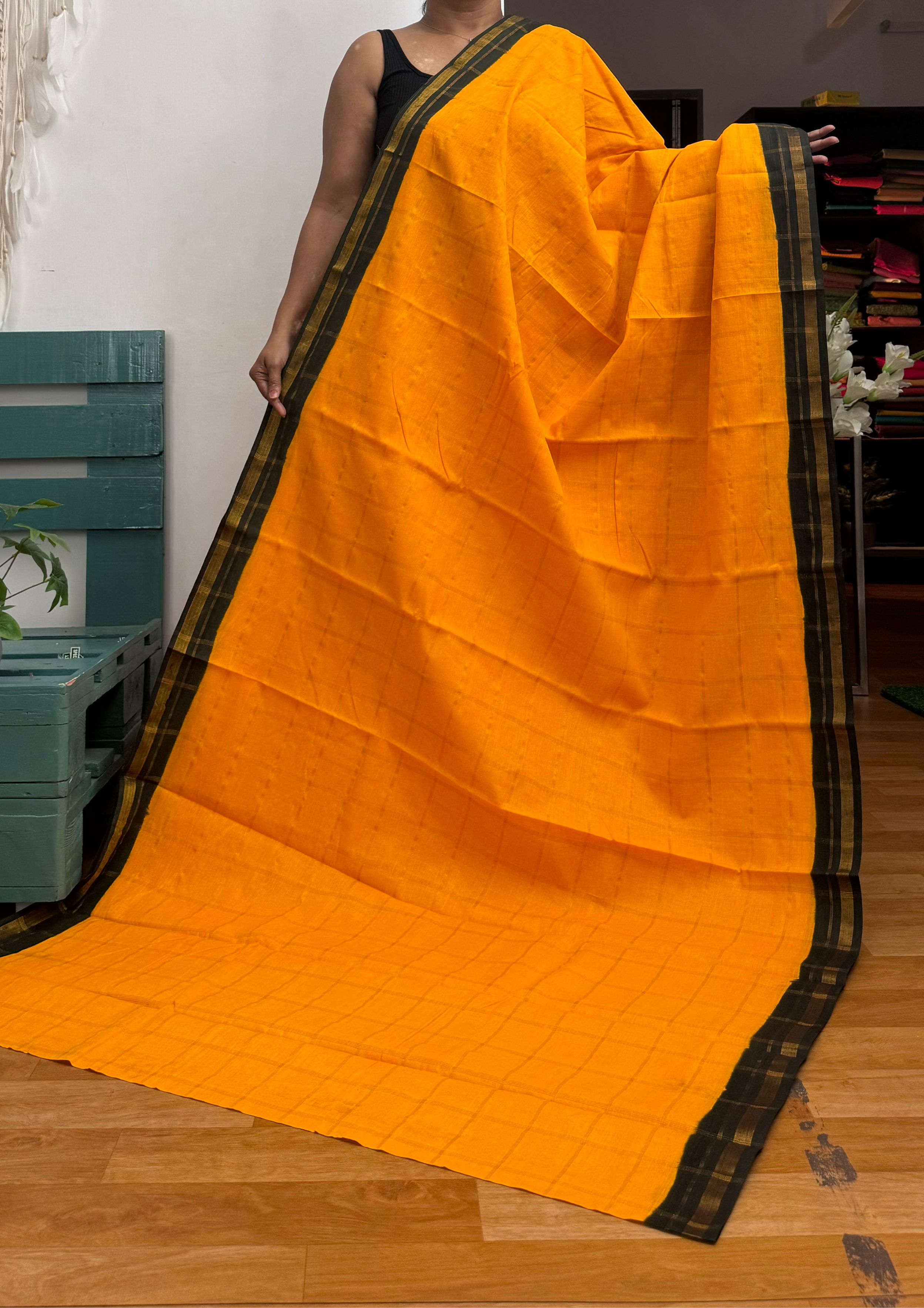 Yellow and Black Big Checked Sungudi Cotton Saree